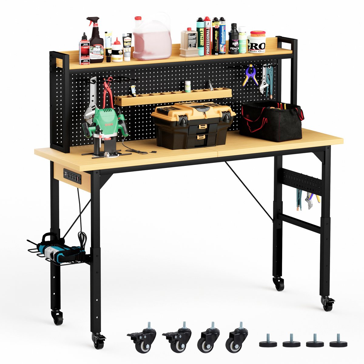 Heavy-Duty Adjustable Workbench with Pegboard & Wheels workshop project bench