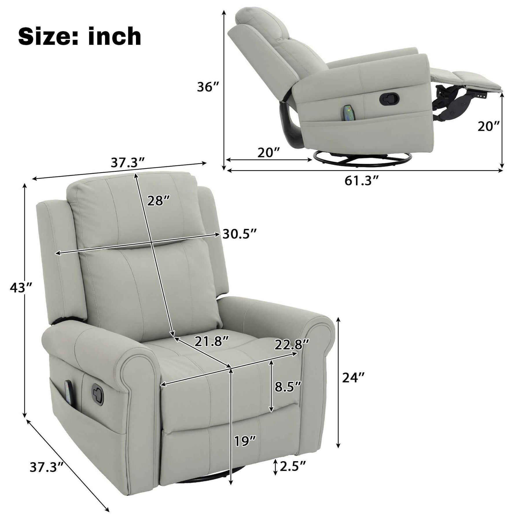 Modern PU Leather Manual Recliner Chair with 270° Swivel, Massage detail image 22