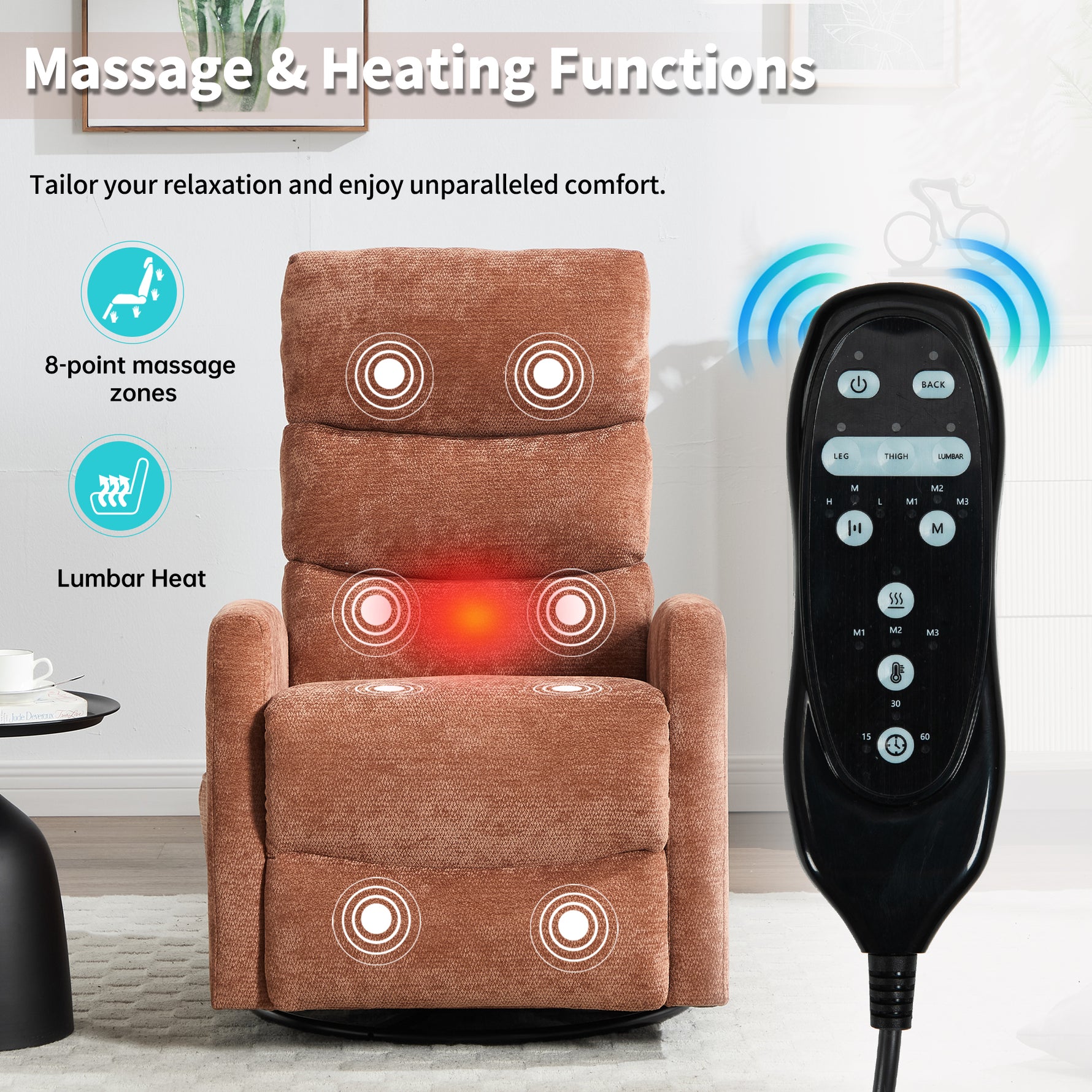 Heat Massage Manual Recliner Chair with Rocker and Swivel in Fabric for Living Room detail image 8