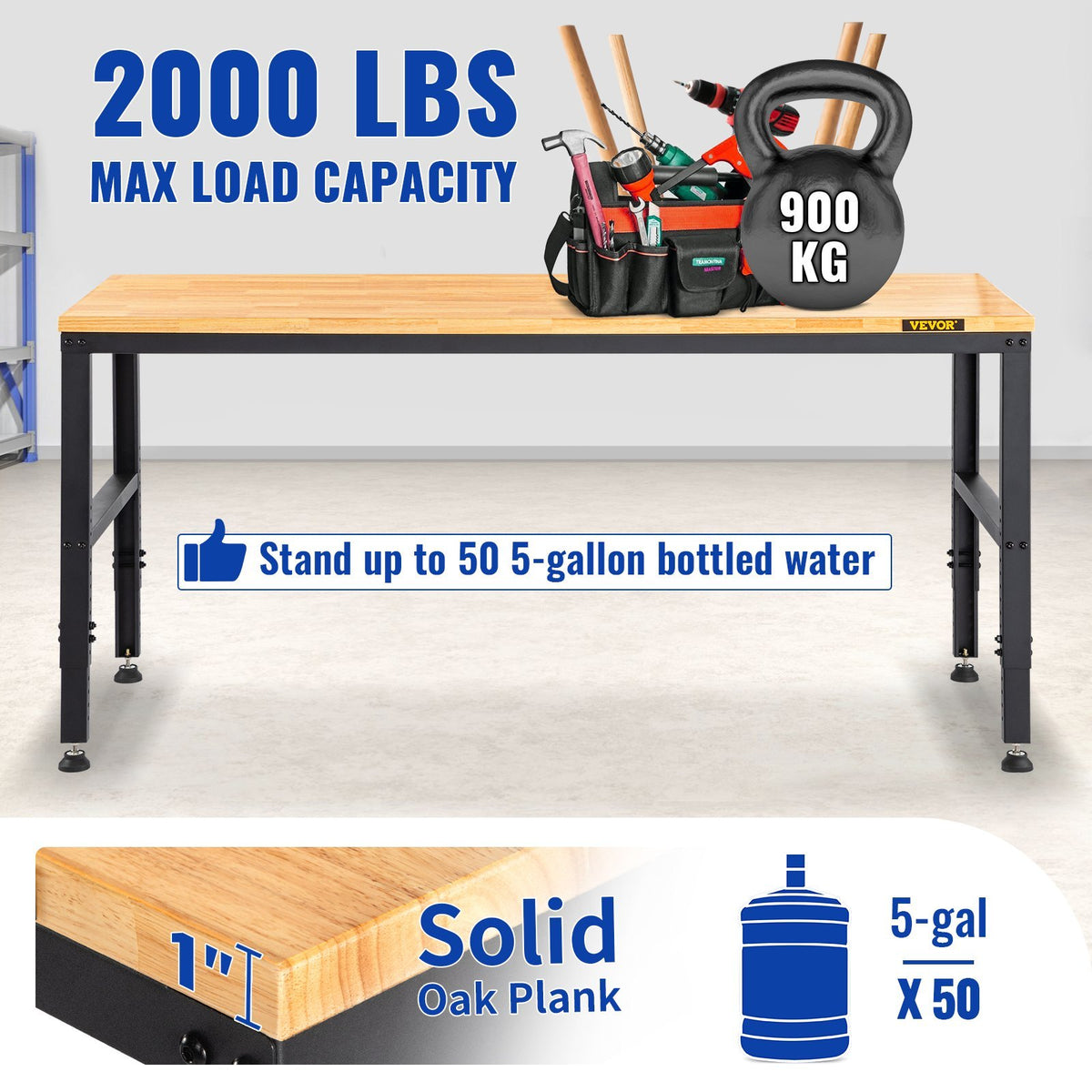 VEVOR Adjustable Height Hardwood Workbench with Power Outlets for workshop, garage, storage, or utility use