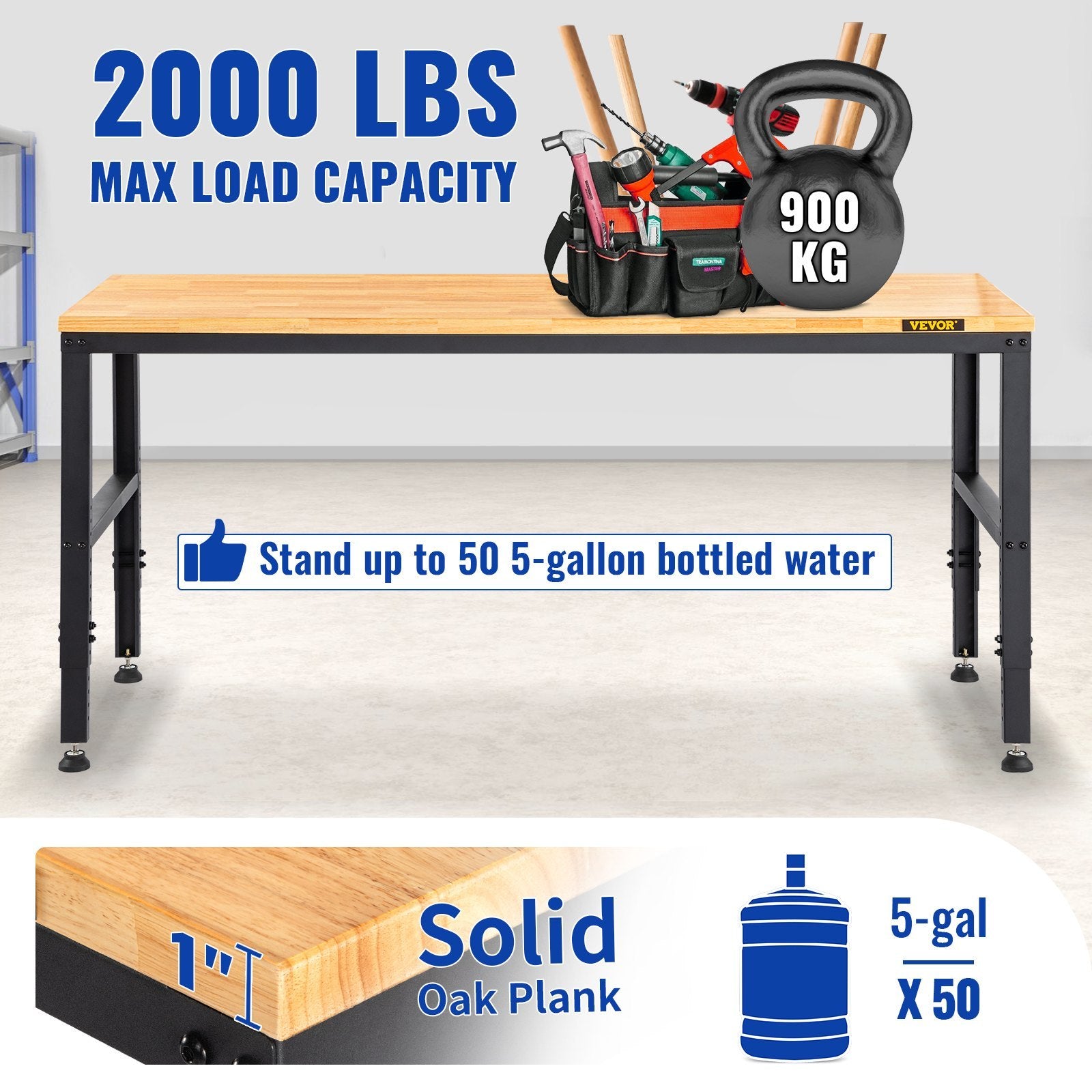 VEVOR Adjustable Height Hardwood Workbench with Power Outlets for workshop, garage, storage, or utility use