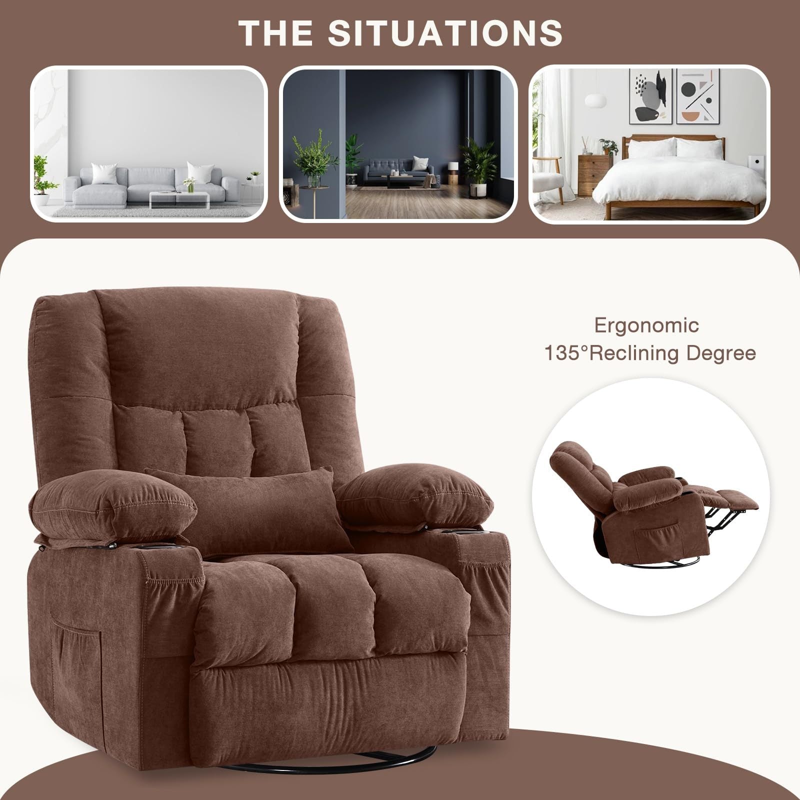 Massage Swivel Rocker Recliner with Vibration, Heat & Ergonomic Lounge Support detail image 16