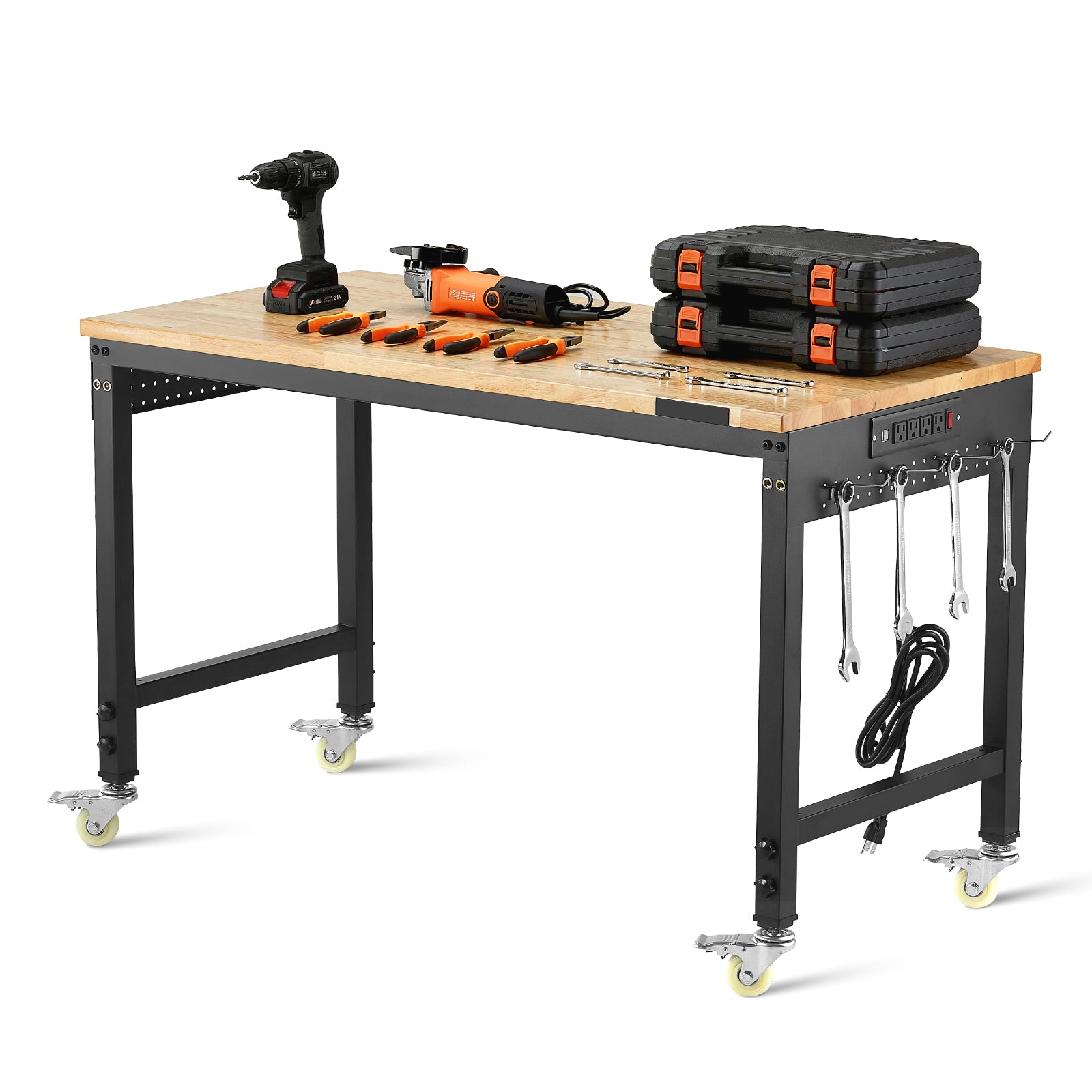 VEVOR Adjustable Height Hardwood Workbench with Power Outlets for workshop, garage, storage, or utility use