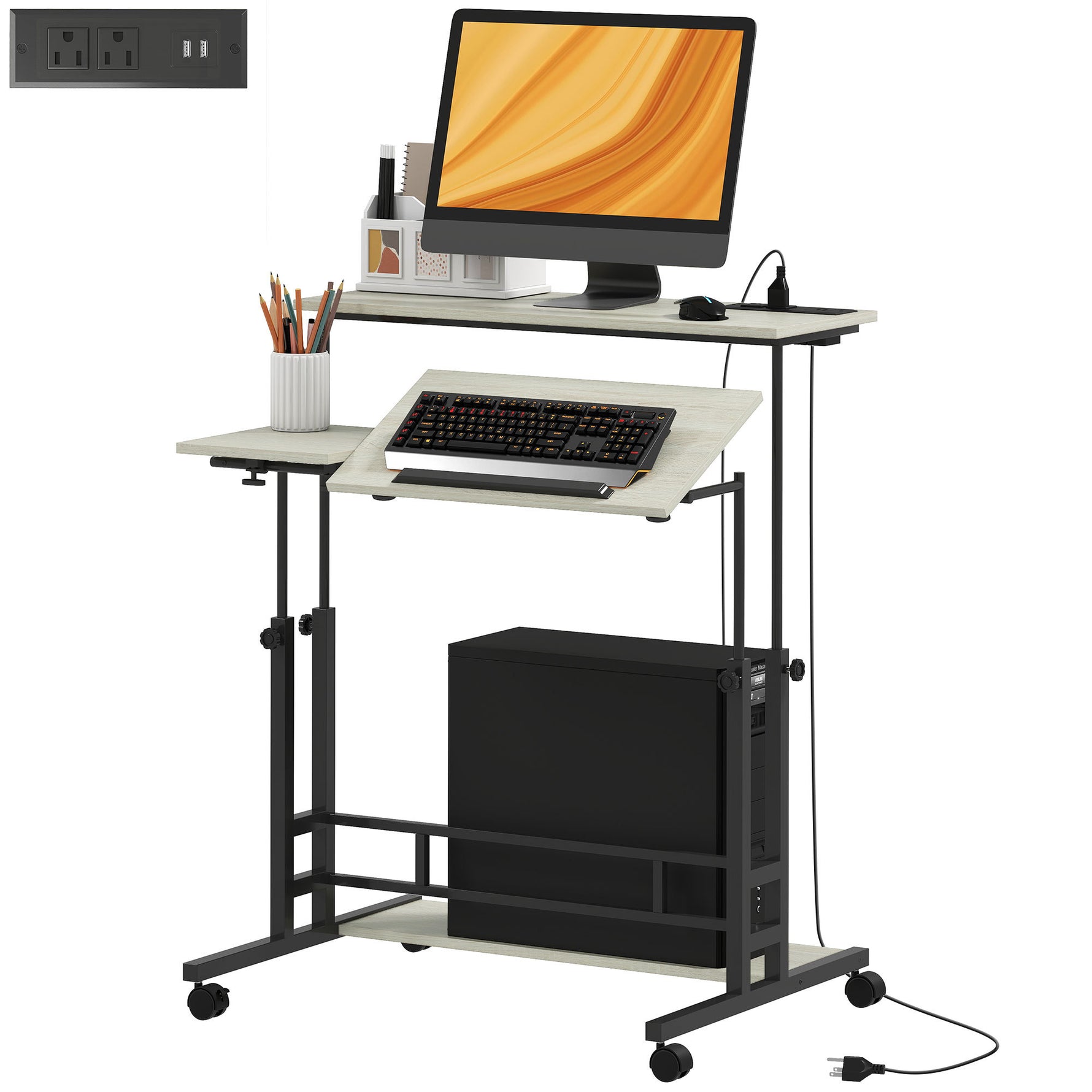 HOMCOM Height Adjustable Standing Desk with Power Outlets workspace desk setup