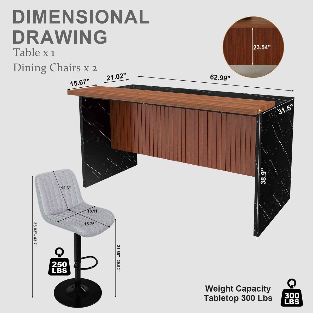 63 in. Kitchen Island with LED Lighting & 2 Bar Stools product view 4