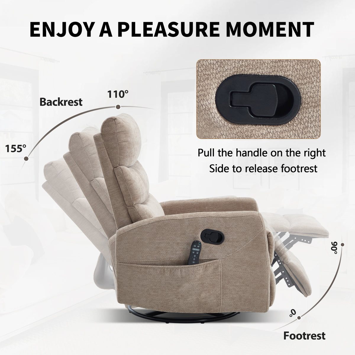 Heat Massage Manual Recliner Chair with Rocker and Swivel in Fabric for Living Room detail image 18