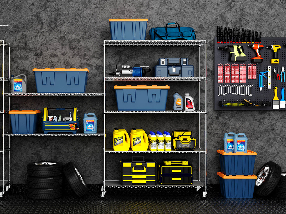 Heavy-Duty NSF Adjustable Wire Shelving Unit with Wheels & Shelf Liners for workshop, garage, storage, or utility use