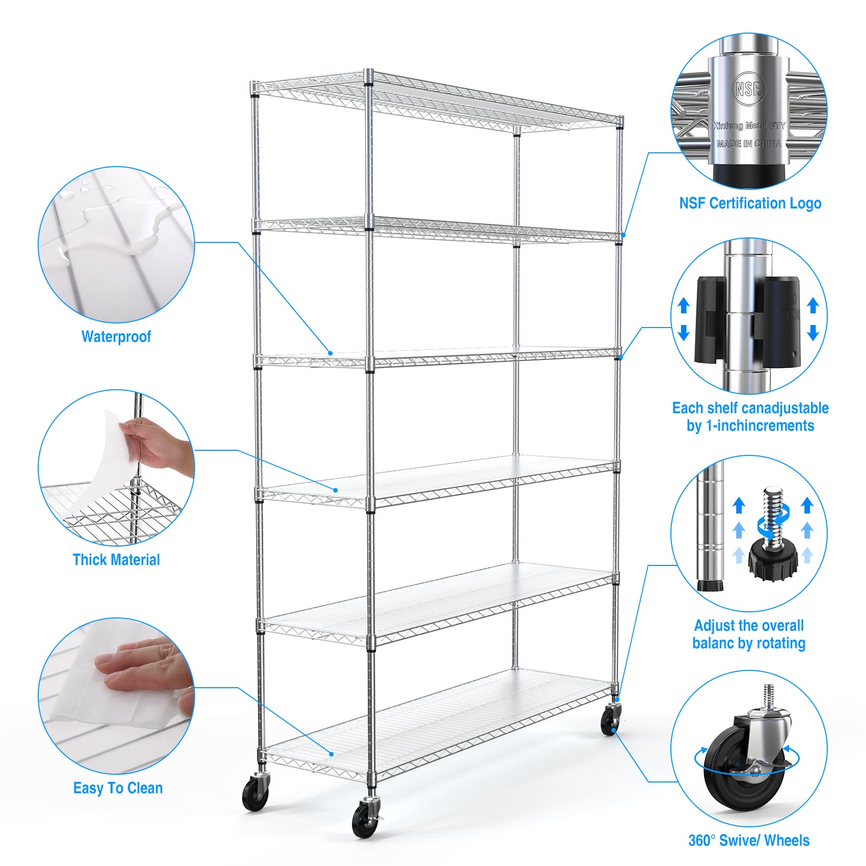 Heavy-Duty NSF Adjustable Wire Shelving Unit with Wheels & Shelf Liners for workshop, garage, storage, or utility use