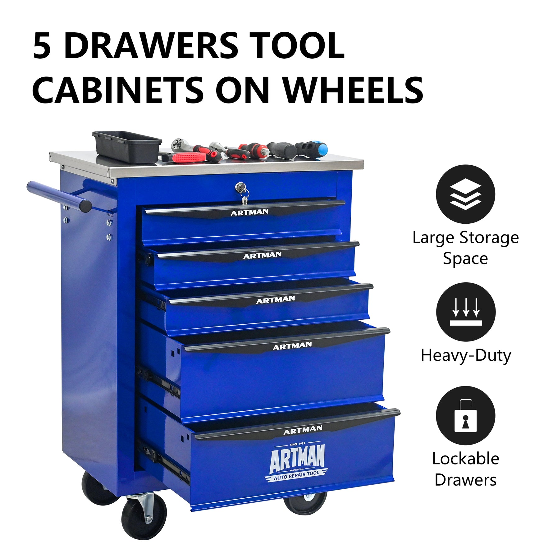 Rolling 5-Drawer Steel Tool Chest with Stainless Steel Top for workshop, garage, storage, or utility use