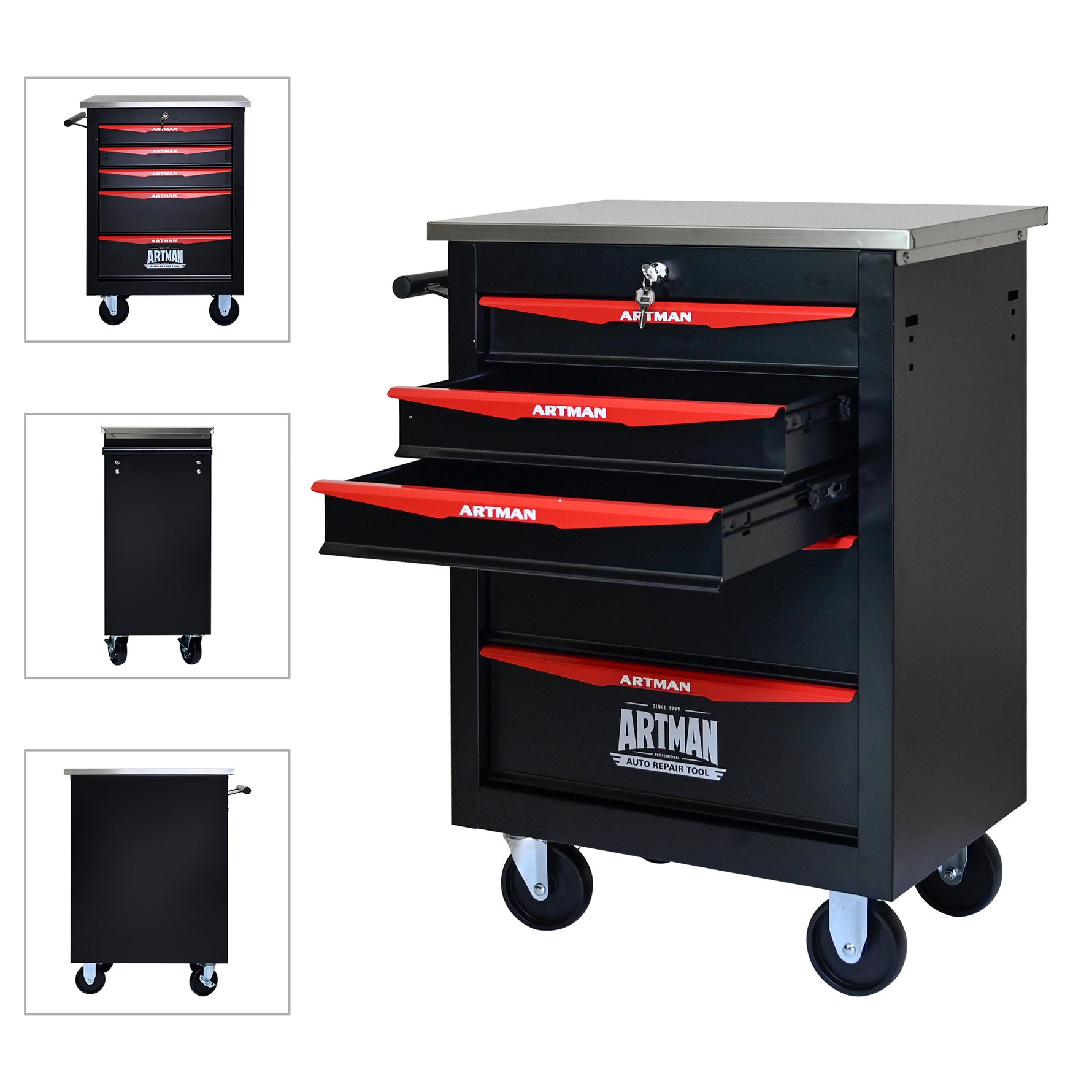 Rolling 5-Drawer Steel Tool Chest with Stainless Steel Top for workshop, garage, storage, or utility use