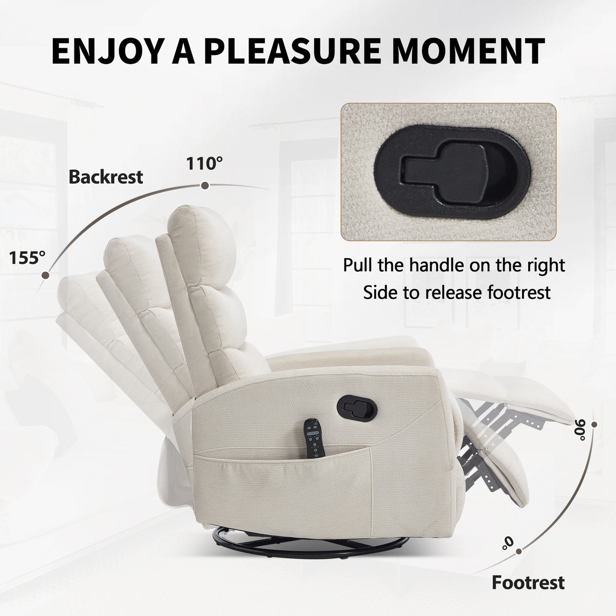 Heat Massage Manual Recliner Chair with Rocker and Swivel in Fabric for Living Room detail image 6