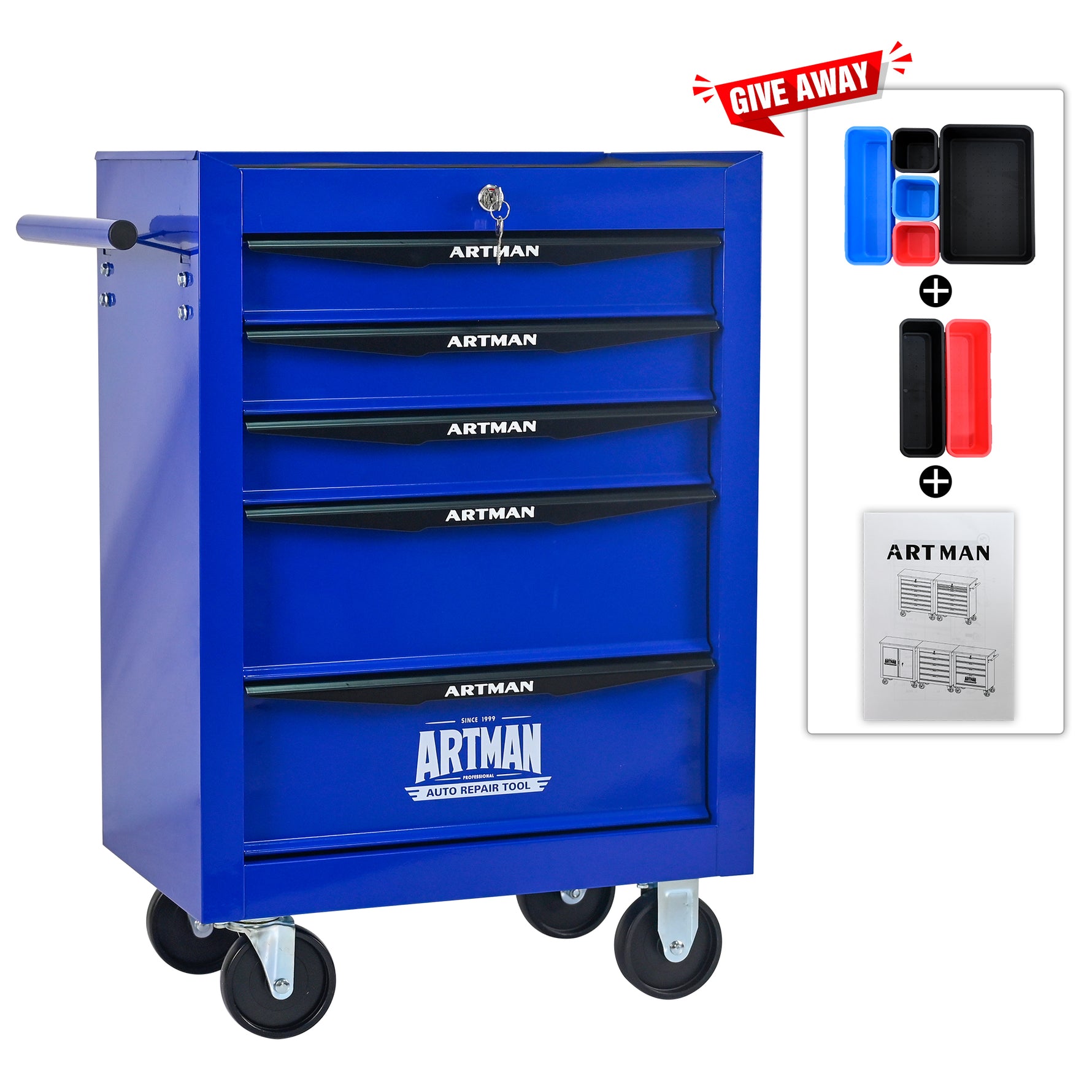 Rolling 5-Drawer Steel Tool Chest with Stainless Steel Top for workshop, garage, storage, or utility use