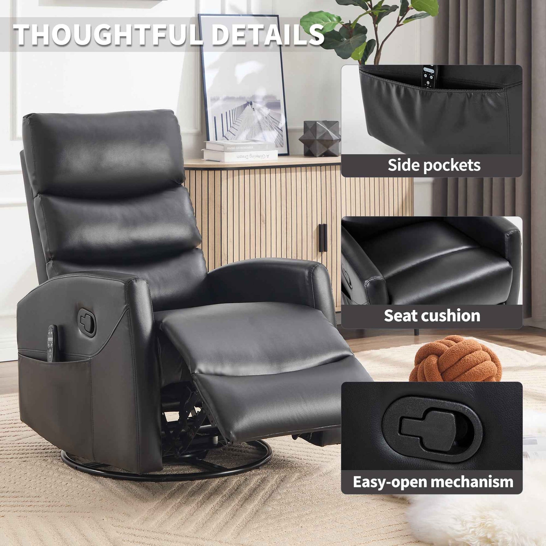 Heat Massage Manual Recliner Chair with Rocker and Swivel in Fabric for Living Room detail image 4
