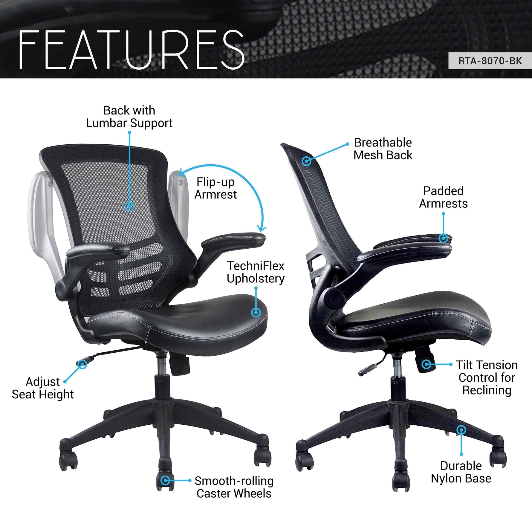 Techni Mobili Stylish Mid-Back Mesh Office Chair with Adjustable Arms, Black for home office seating