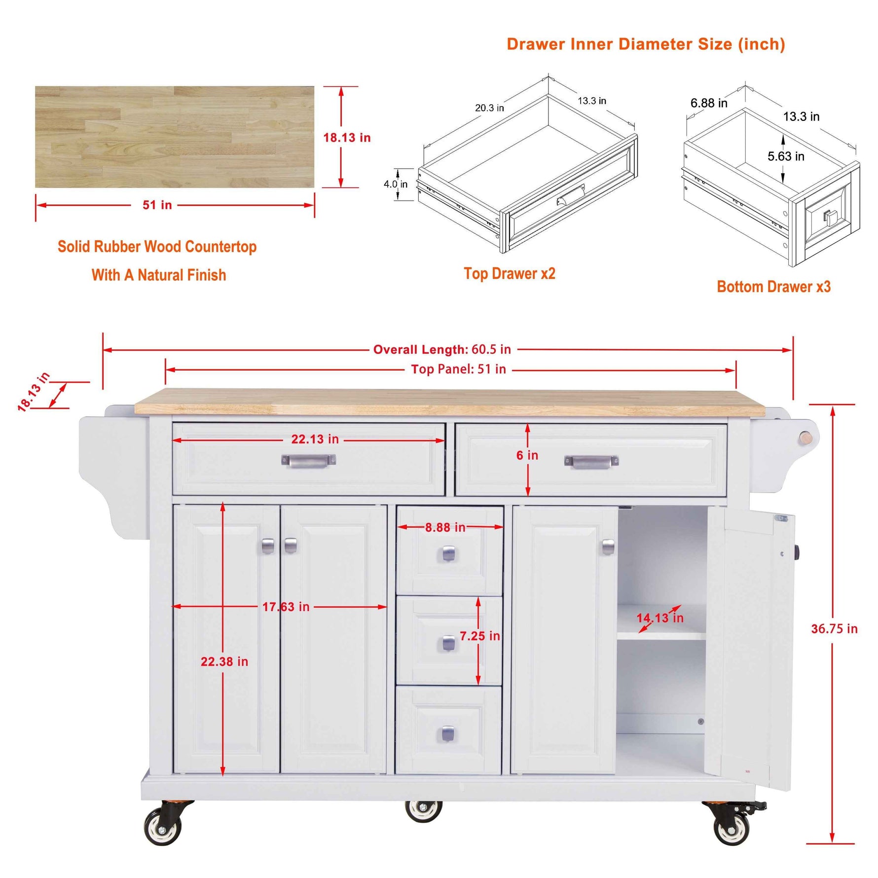 Rubberwood Kitchen Cart with 5 Drawers & Storage Cabinet product view 20