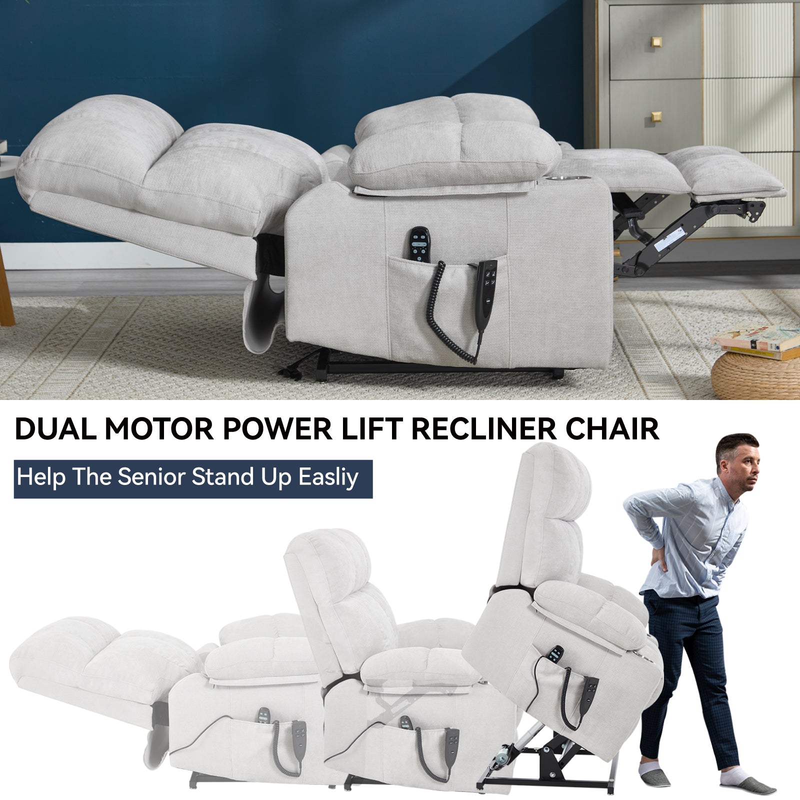 Chenille Dual-Motor Power Lift Recliner, 350 lb Capacity detail image 8