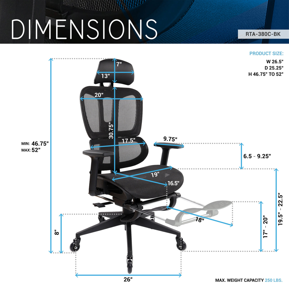 Techni Mobili Reclining Mesh Office Chair with Footrest for home office seating