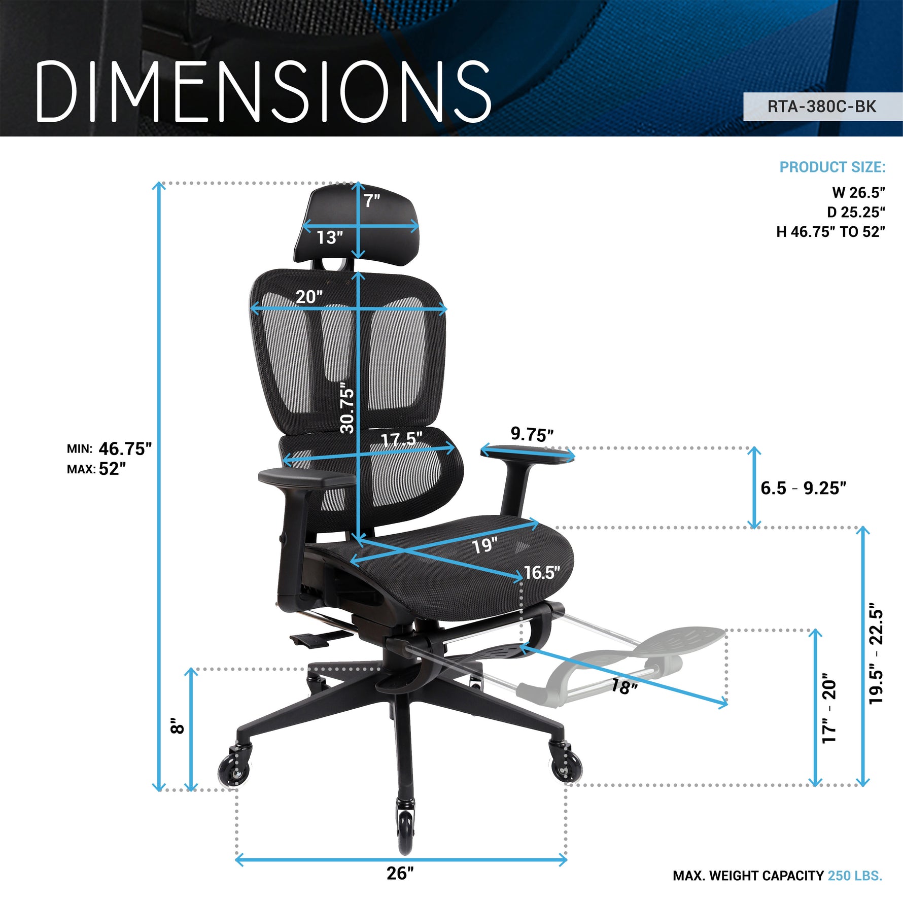 Techni Mobili Reclining Mesh Office Chair with Footrest for home office seating