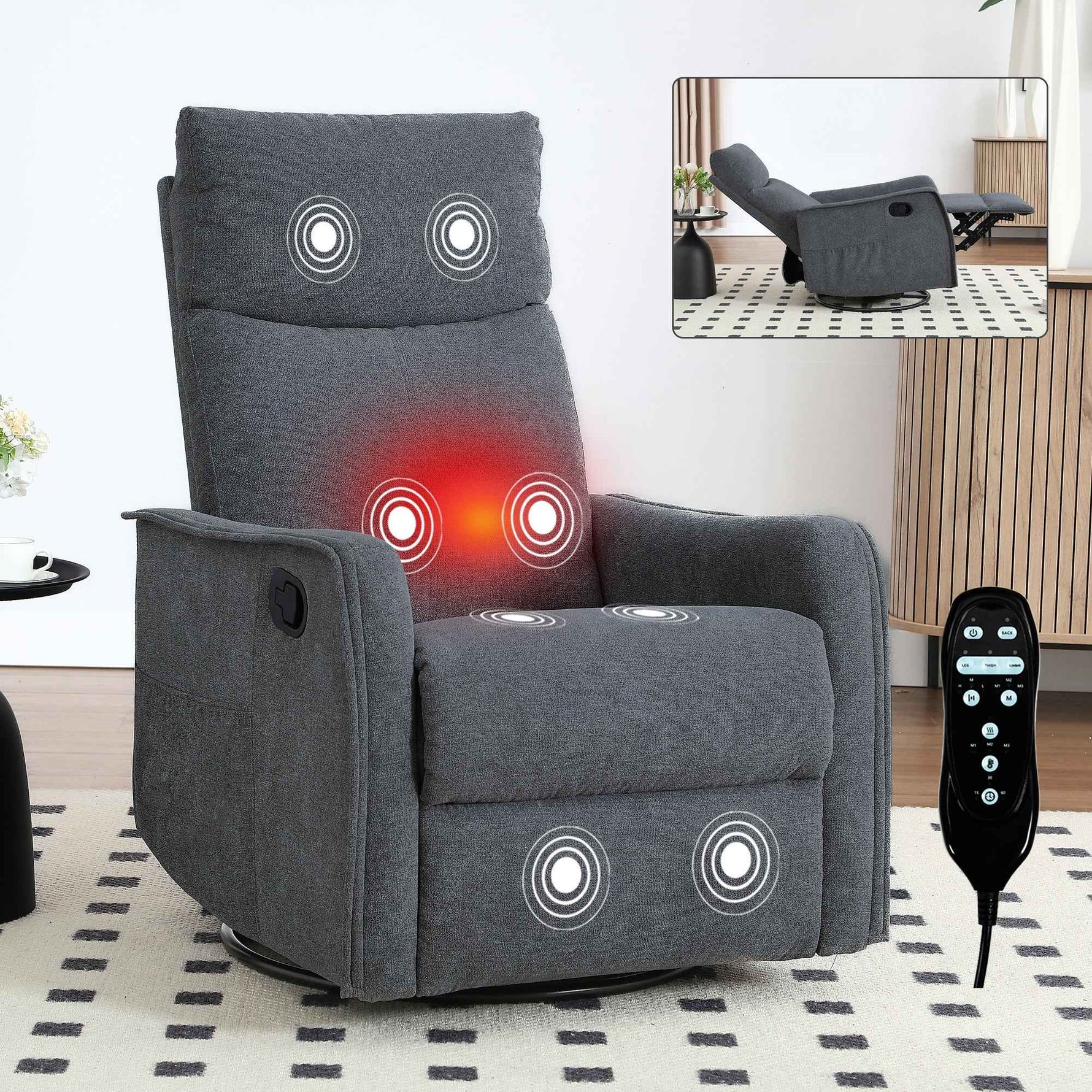 Heat Massage Manual Recliner Chair with Rocker and Swivel in Fabric for Living Room detail image 77