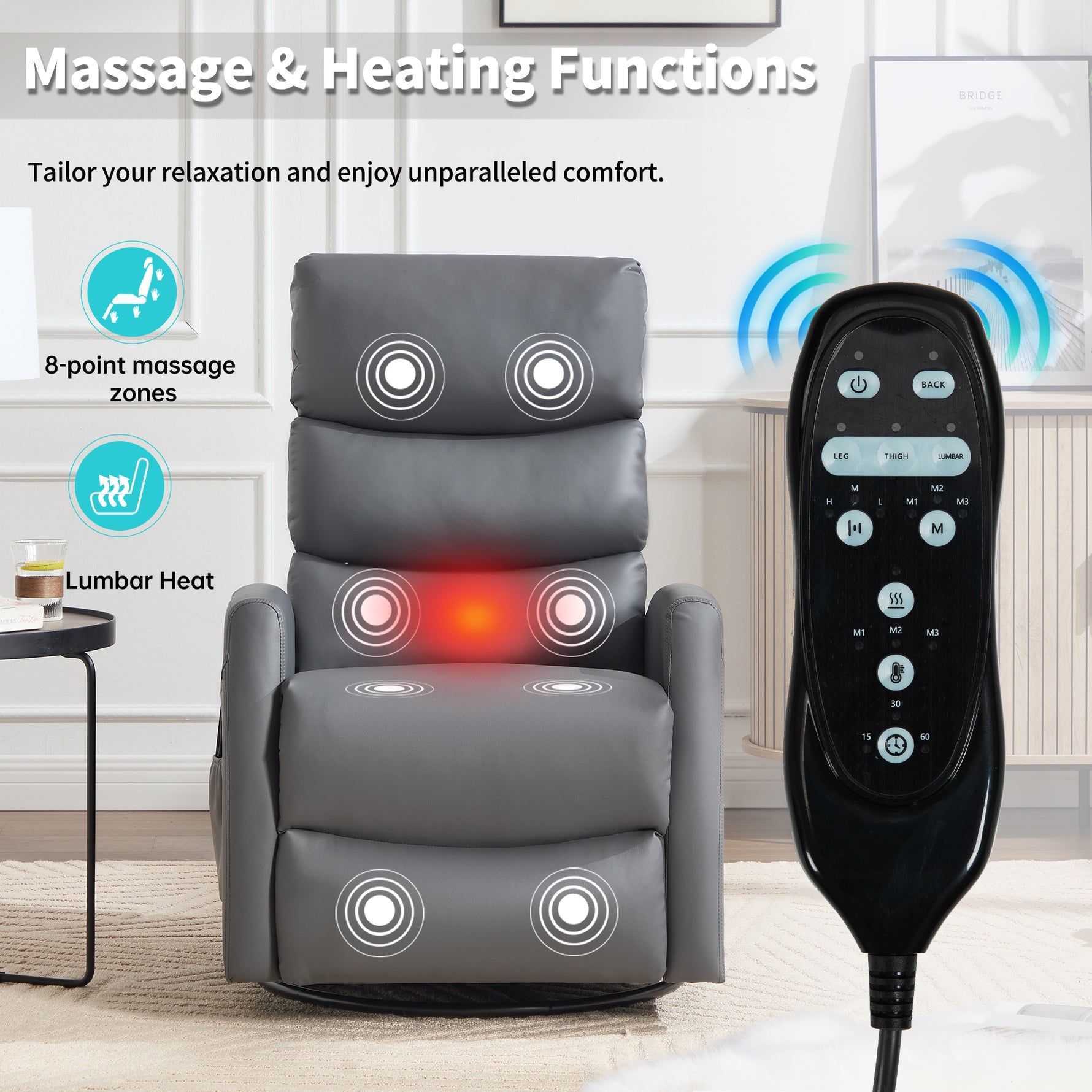 Heat Massage Manual Recliner Chair with Rocker and Swivel in Faux Leather for Living Room detail image 6