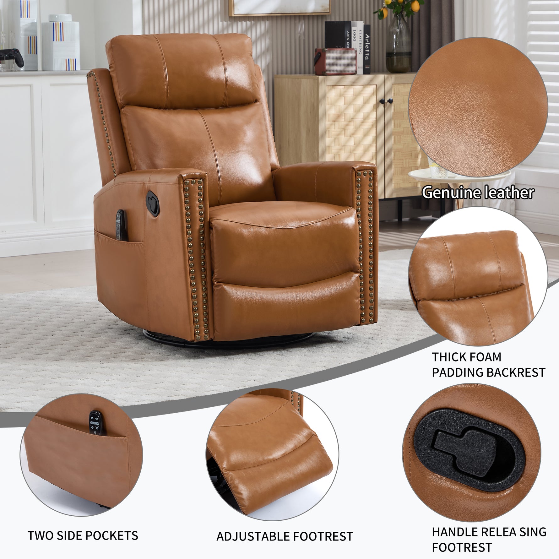 Genuine Leather Heat Massage Manual Recliner Chair with Rocker and Swivel for Living Room detail image 64