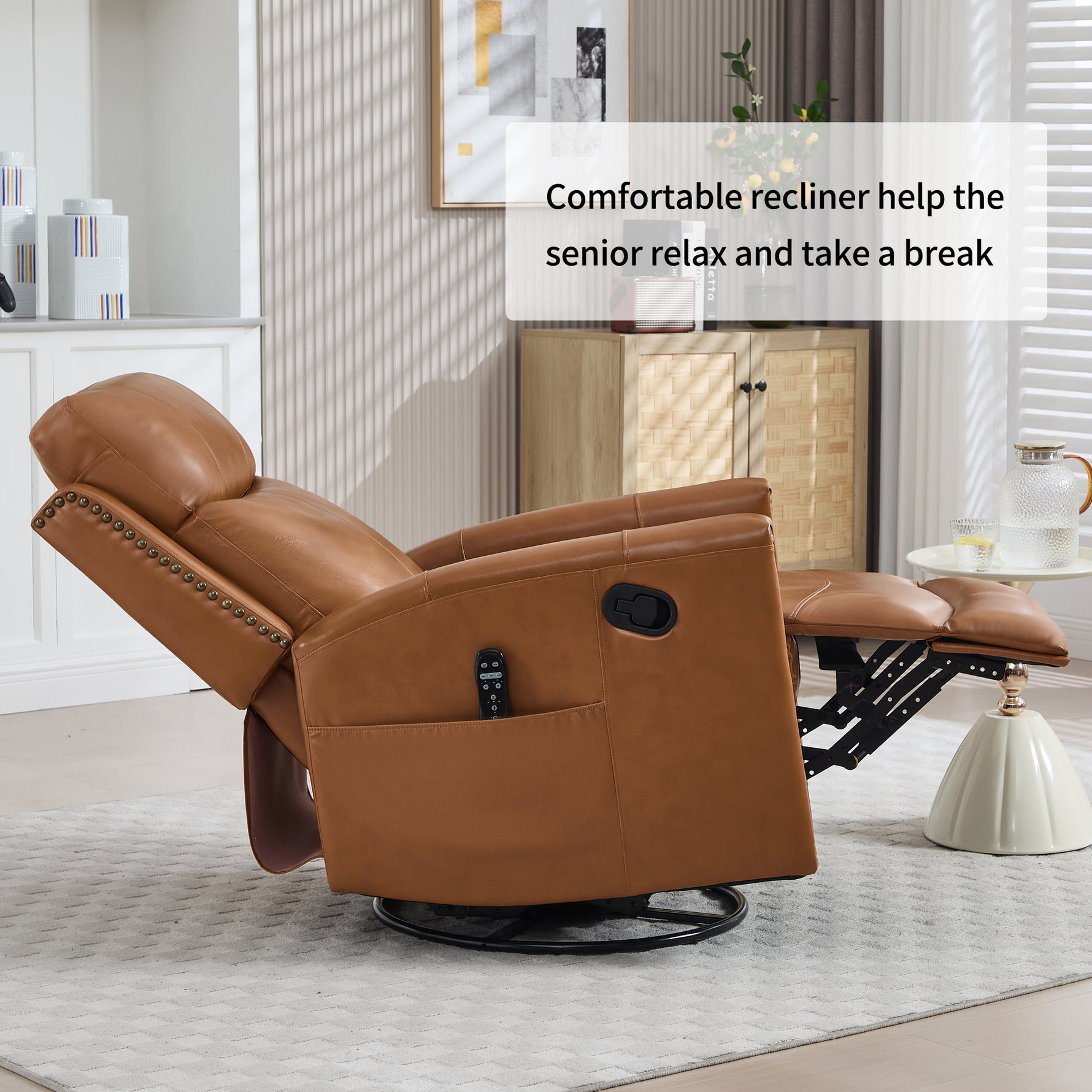 Genuine Leather Heat Massage Manual Recliner Chair with Rocker and Swivel for Living Room detail image 66