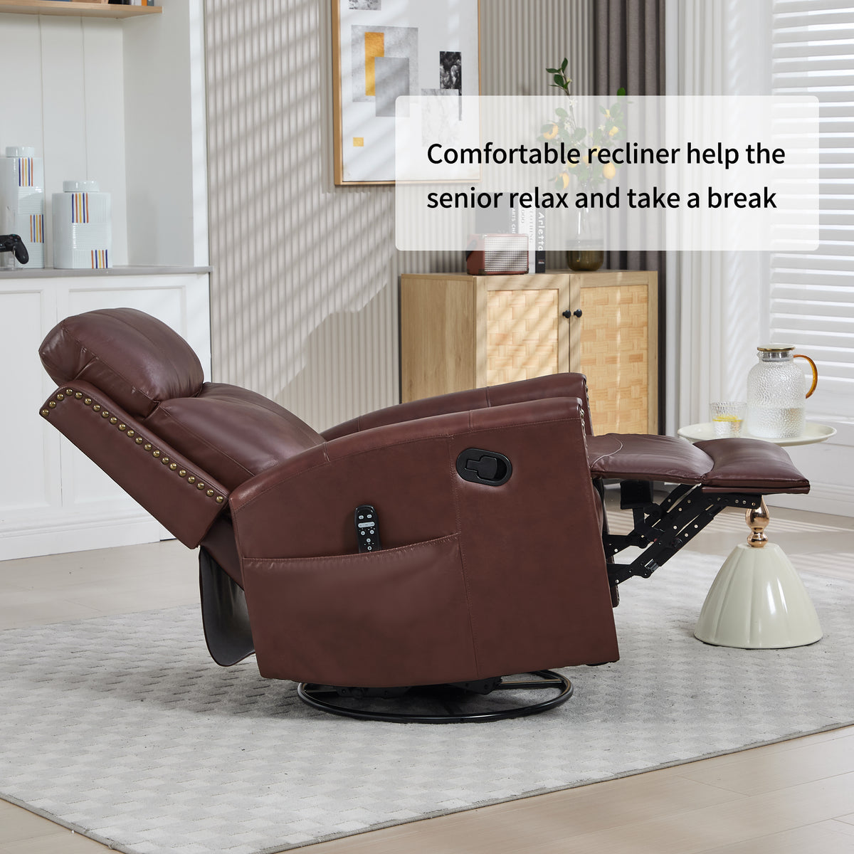 Genuine Leather Heat Massage Manual Recliner Chair with Rocker and Swivel for Living Room detail image 29