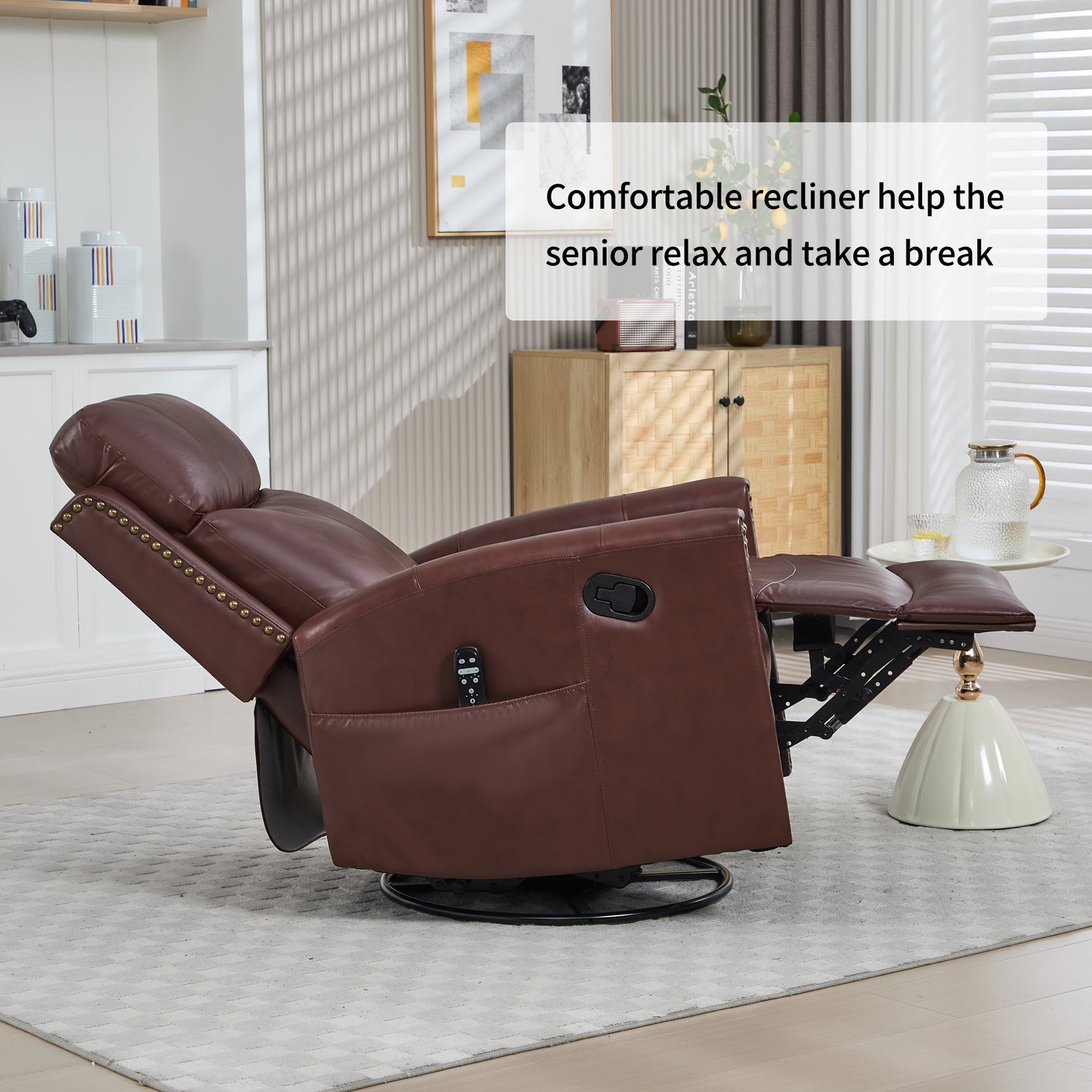 Genuine Leather Heat Massage Manual Recliner Chair with Rocker and Swivel for Living Room detail image 29