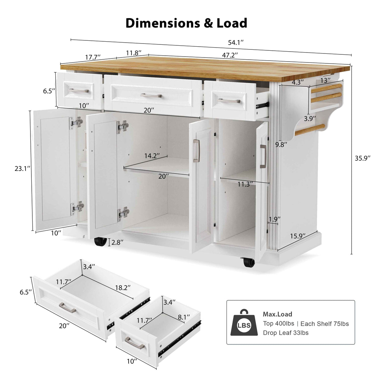 54 in. Rolling Kitchen Island with Drop Leaf & Storage product view 11