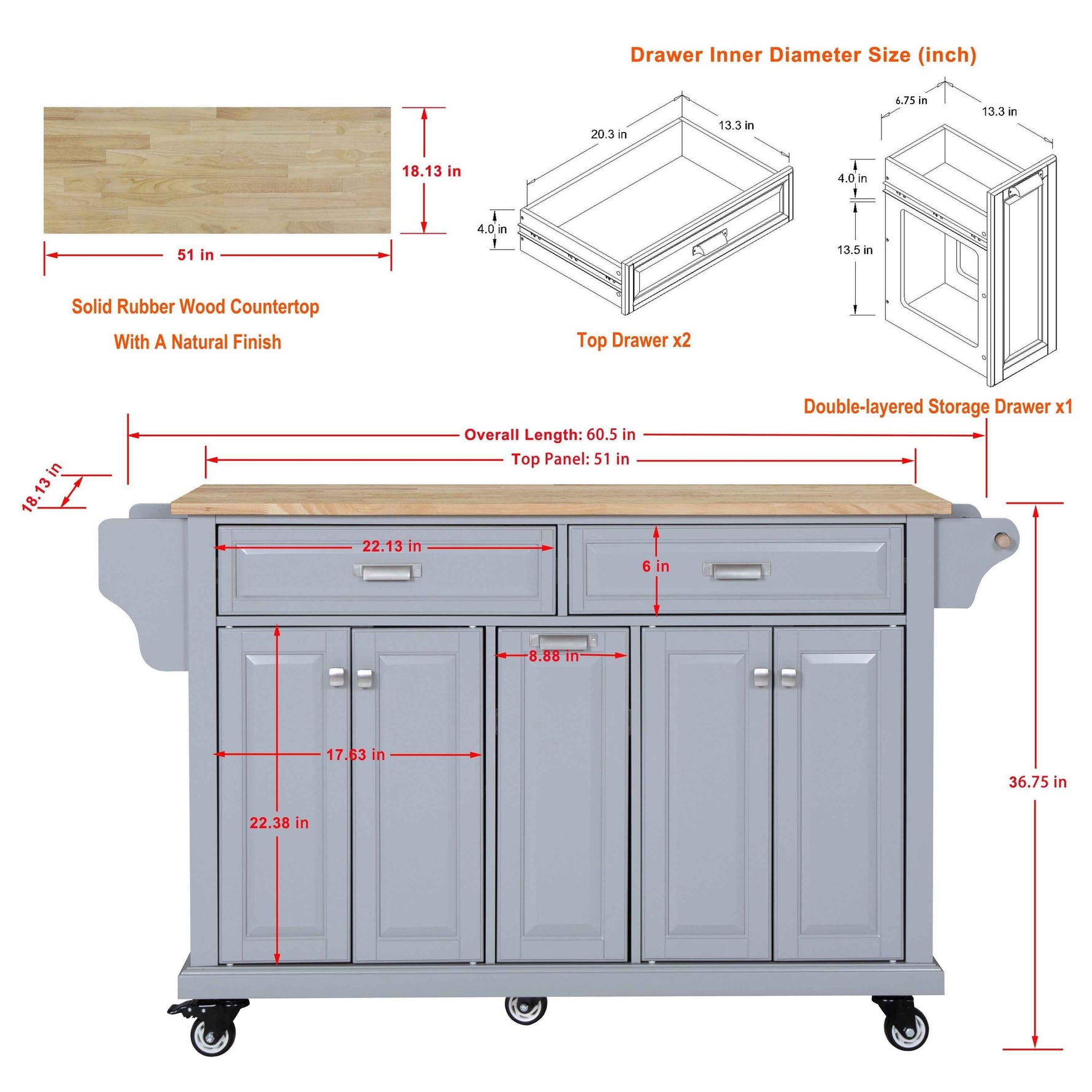Rubberwood Drop-Leaf Kitchen Cart with 3 Drawers product view 34