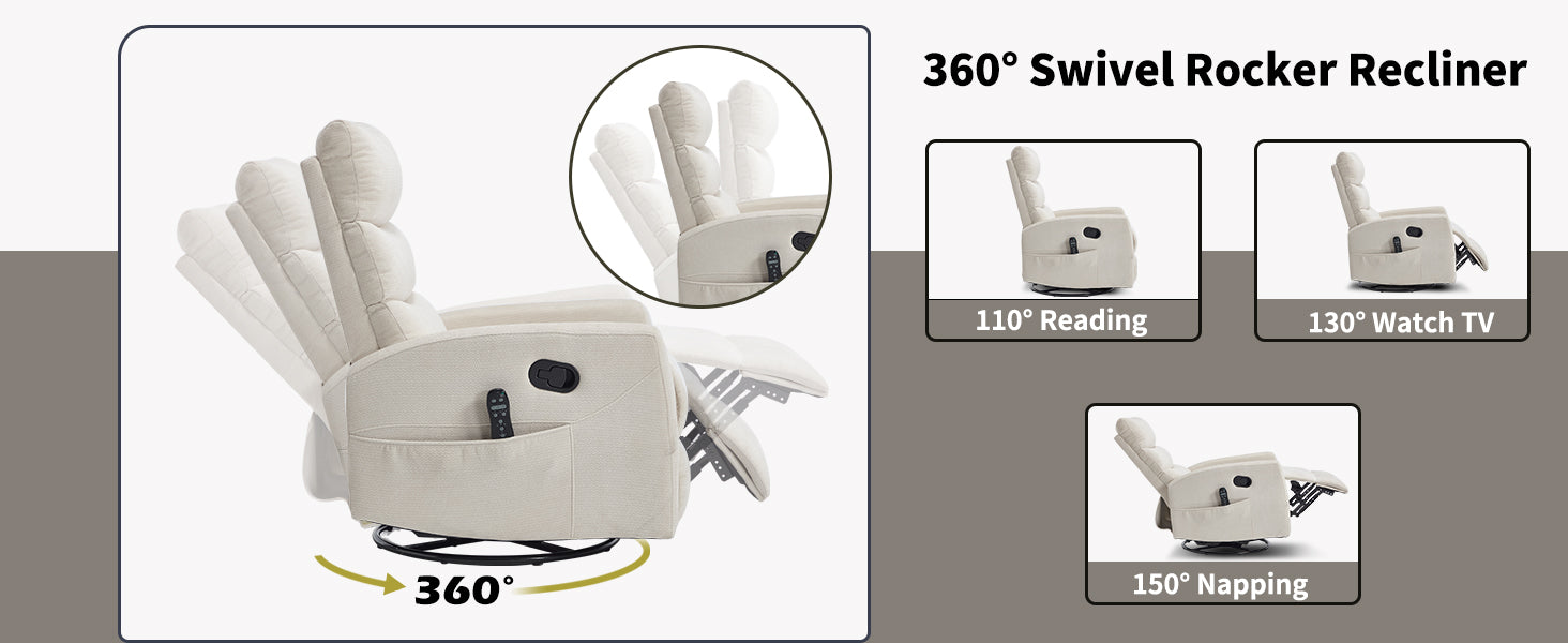 Heat Massage Manual Recliner Chair with Rocker and Swivel in Fabric for Living Room detail image 10