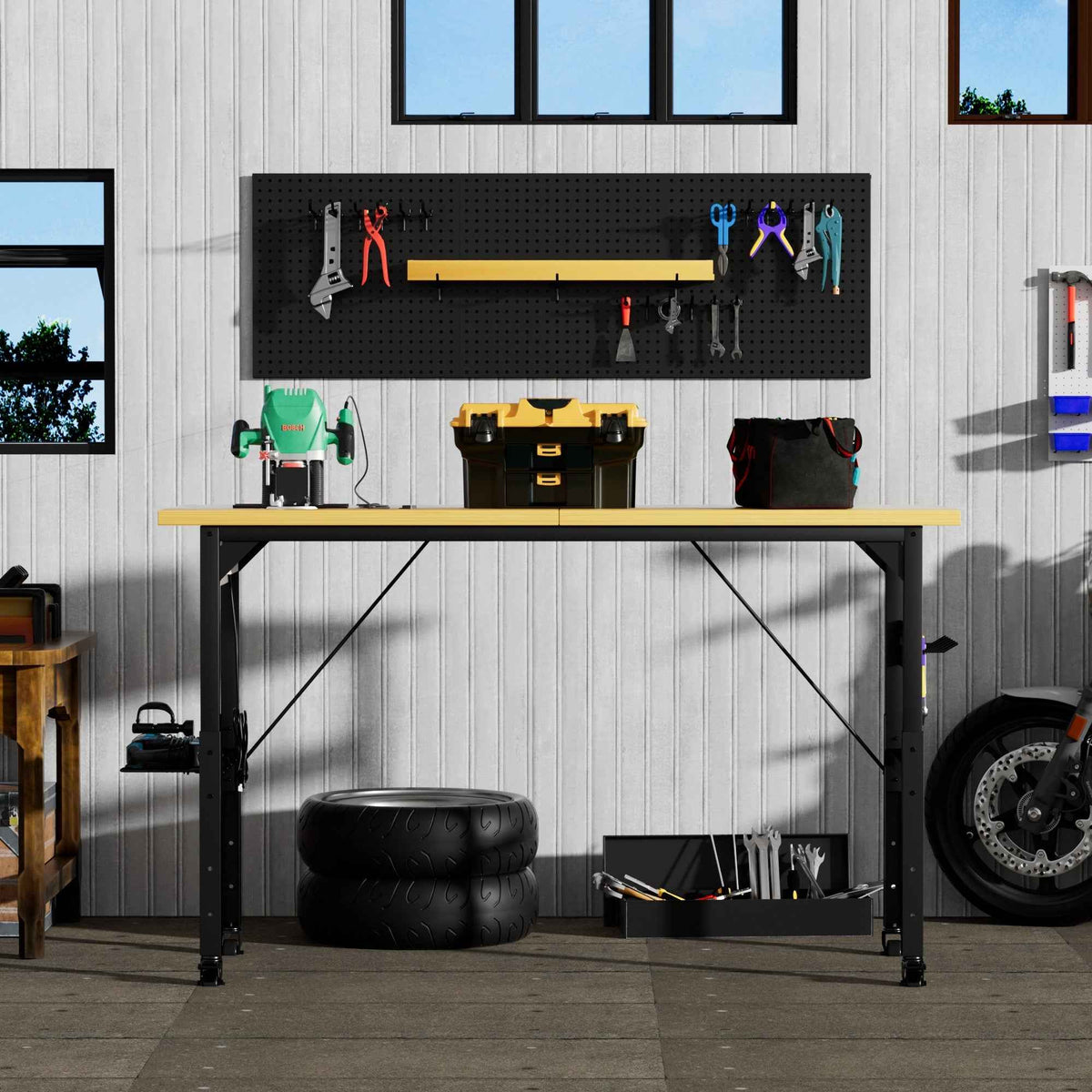 Heavy-Duty Adjustable Workbench with Pegboard & Wheels workshop project bench