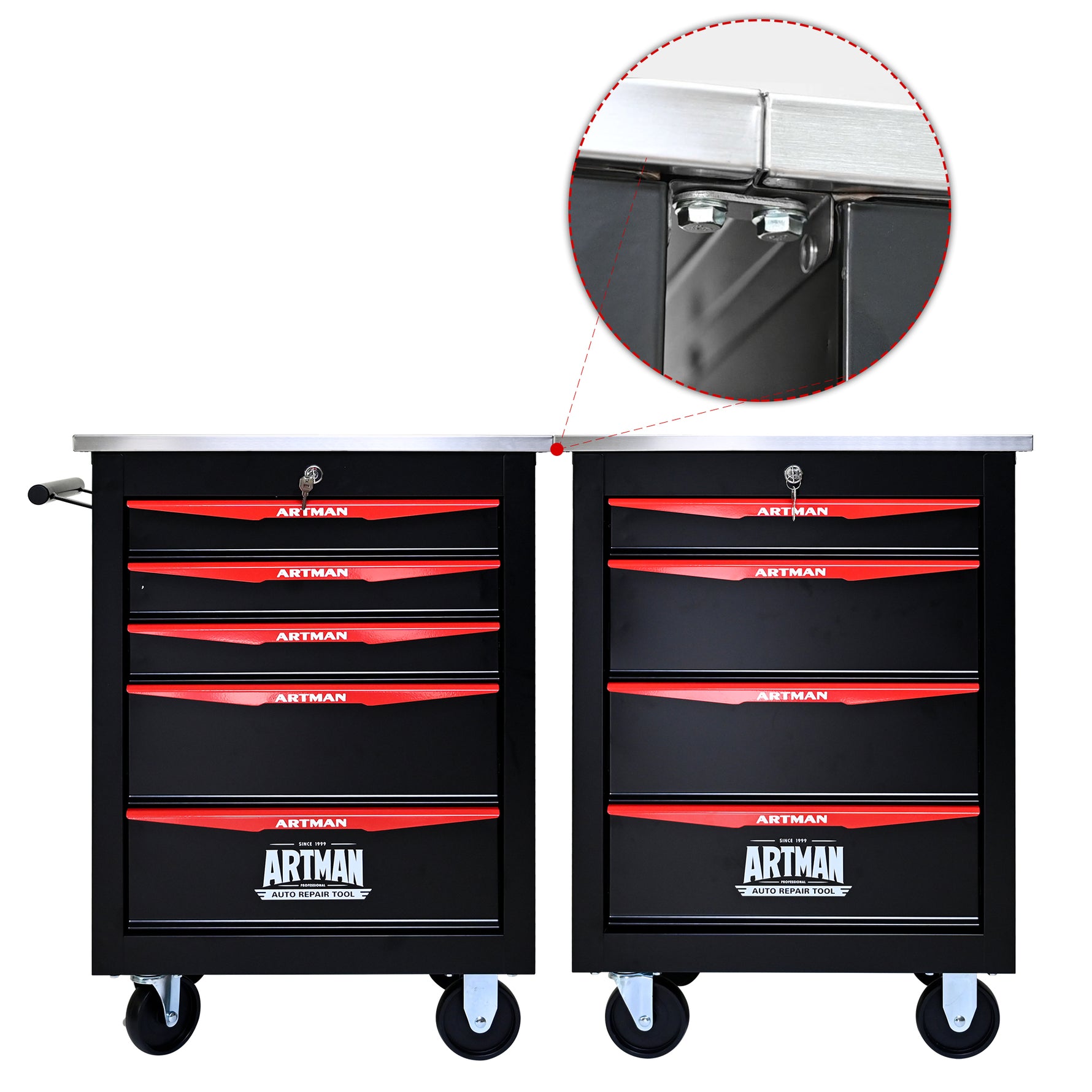 Rolling 5-Drawer Steel Tool Chest with Stainless Steel Top for workshop, garage, storage, or utility use