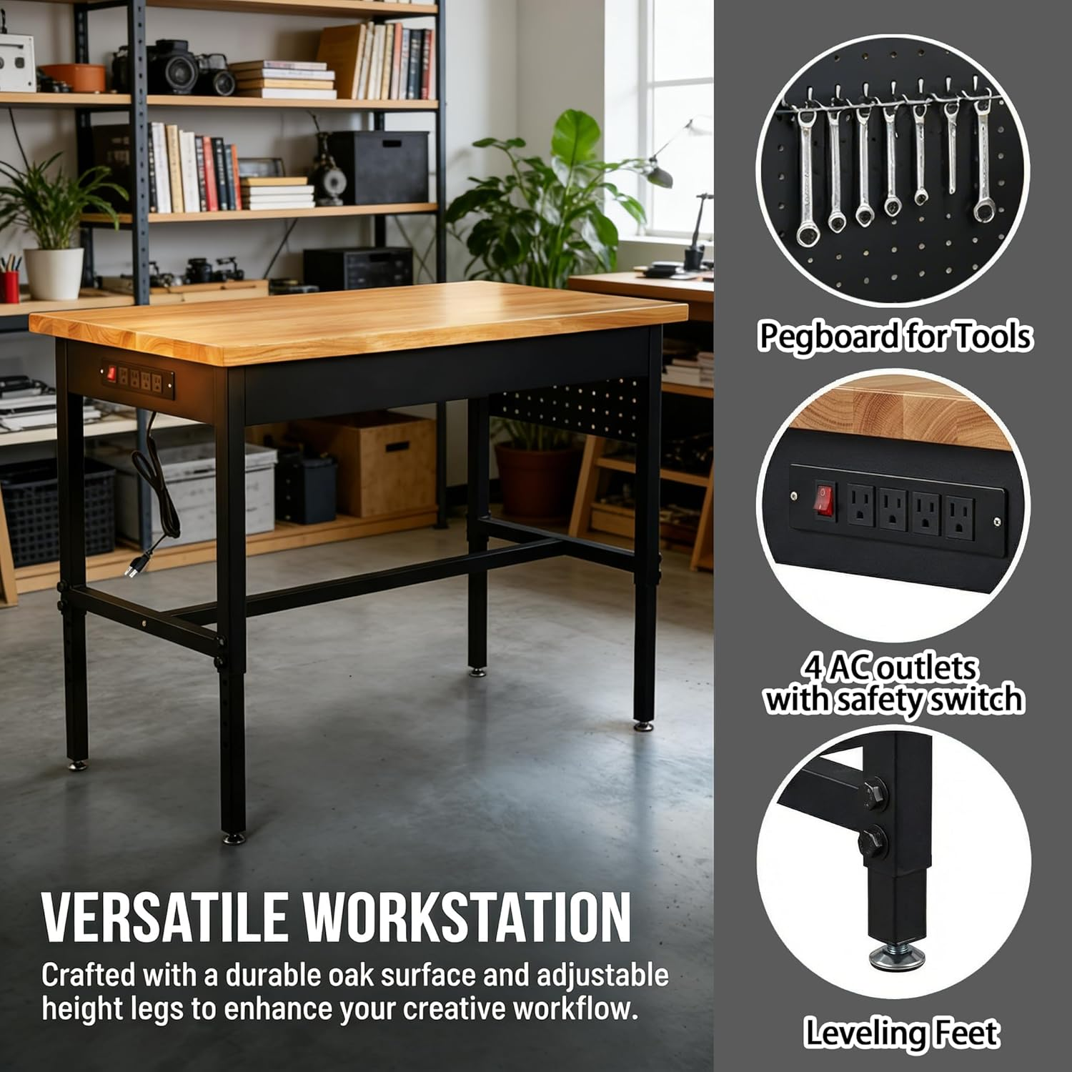 Heavy-Duty Adjustable Workbench with Power Outlet for workshop, garage, storage, or utility use