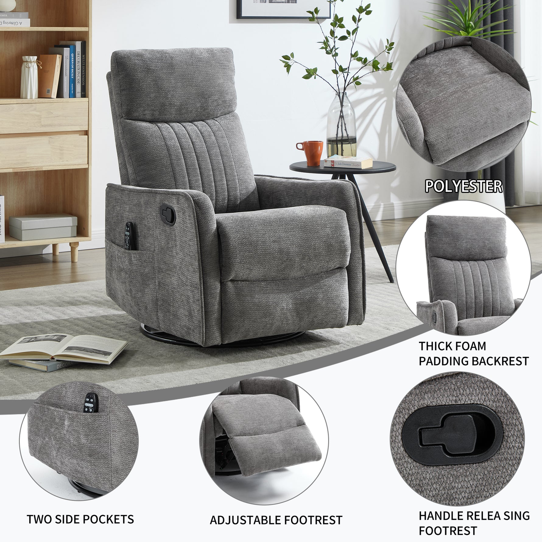 Heat Massage Manual Recliner Chair with Rocker and Swivel in Fabric for Living detail image 10
