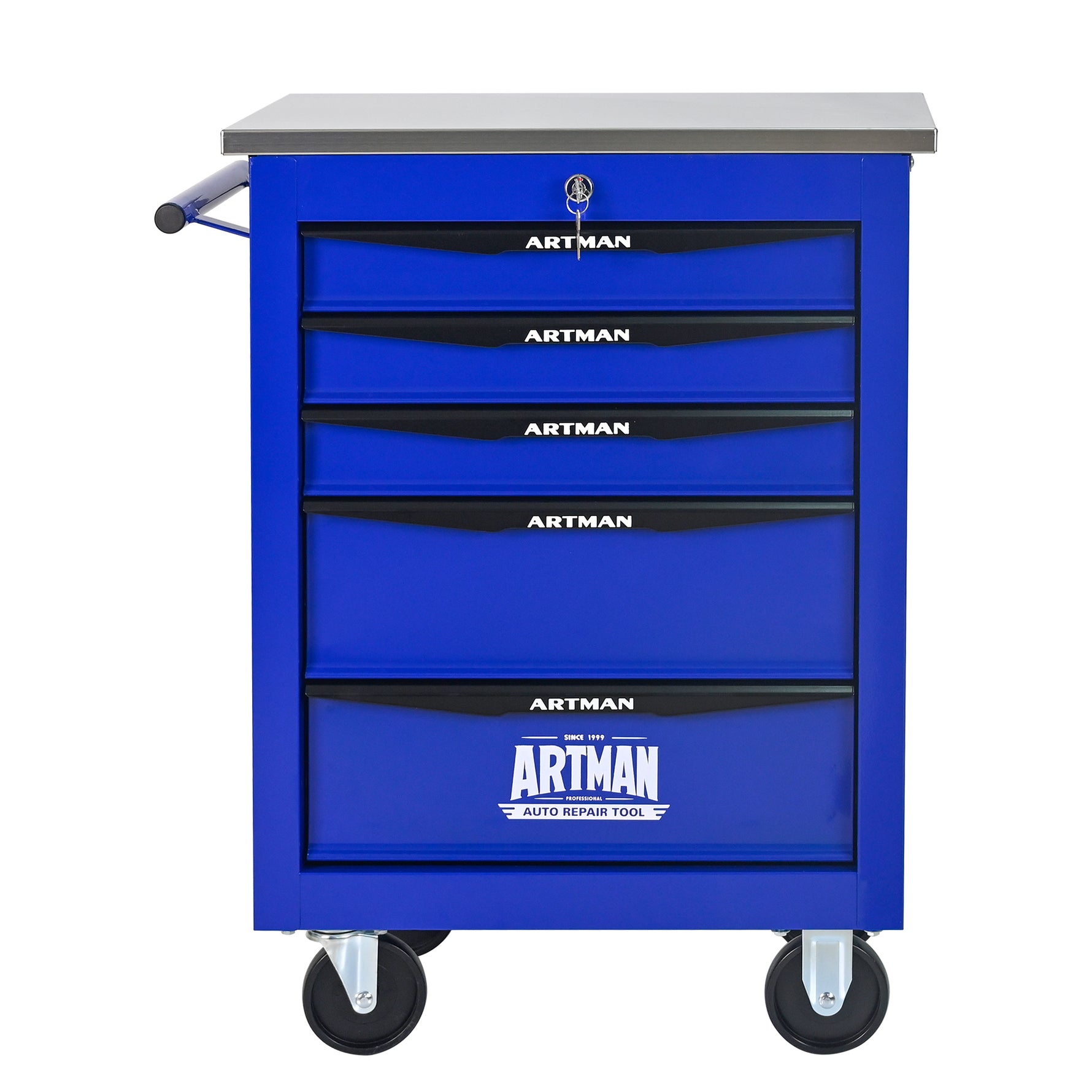 Rolling 5-Drawer Steel Tool Chest with Stainless Steel Top for workshop, garage, storage, or utility use