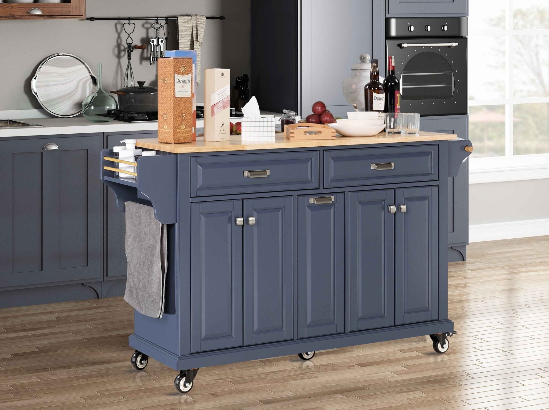 Rubberwood Drop-Leaf Kitchen Cart with 3 Drawers product view 38