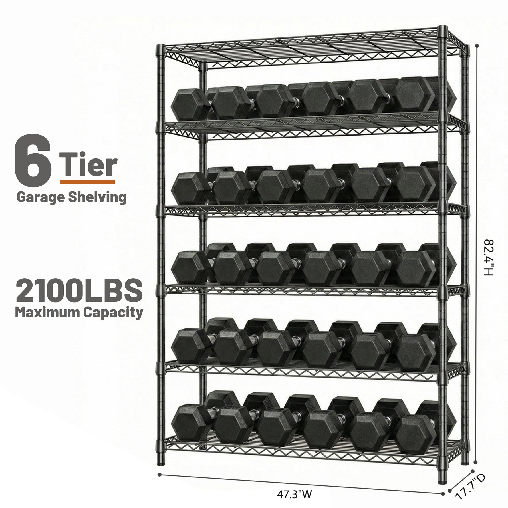 6-Tier Adjustable Wire Shelving Unit, 2100 lb Capacity for workshop, garage, storage, or utility use