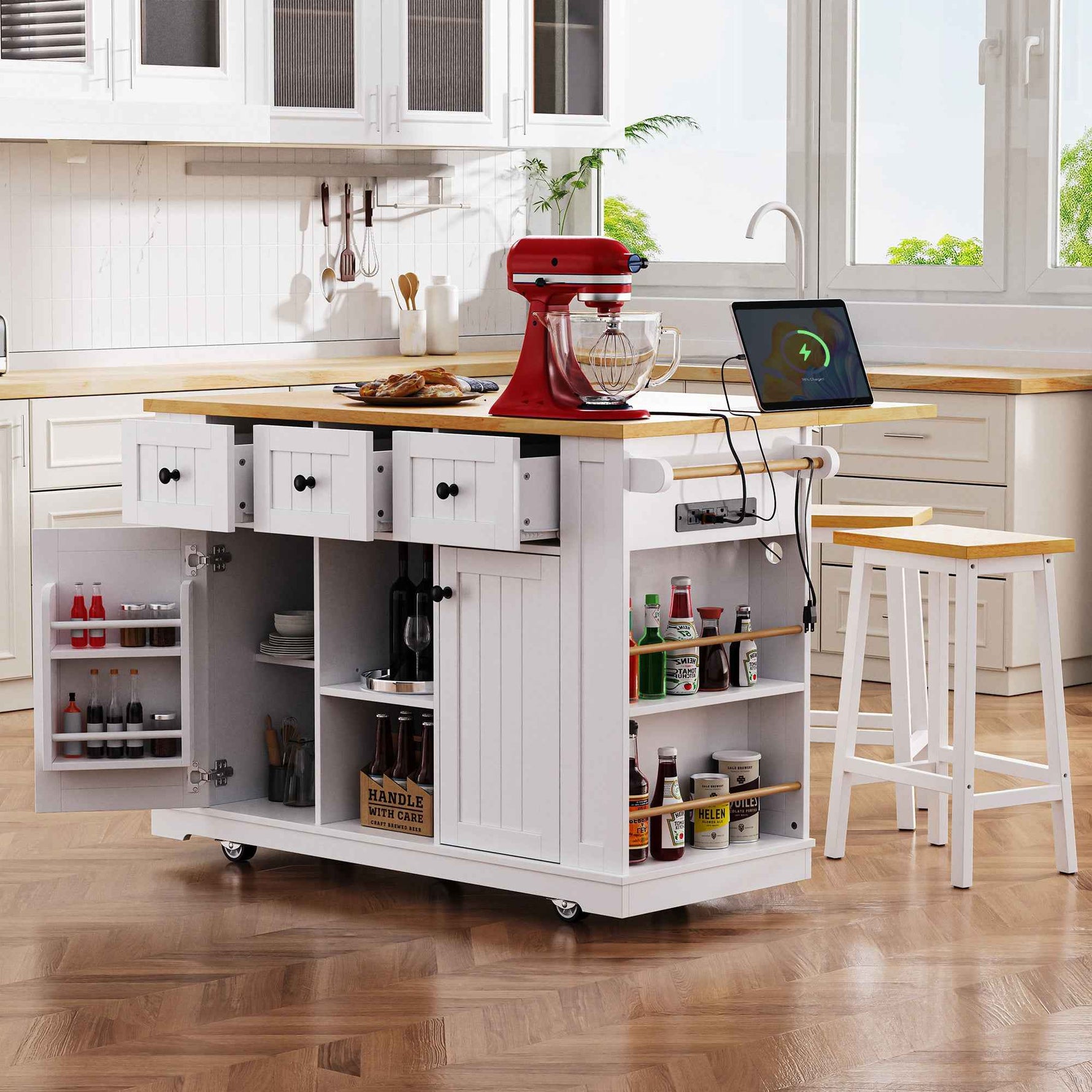 53 in. Farmhouse Kitchen Island with Power Outlet & Stools product view 23