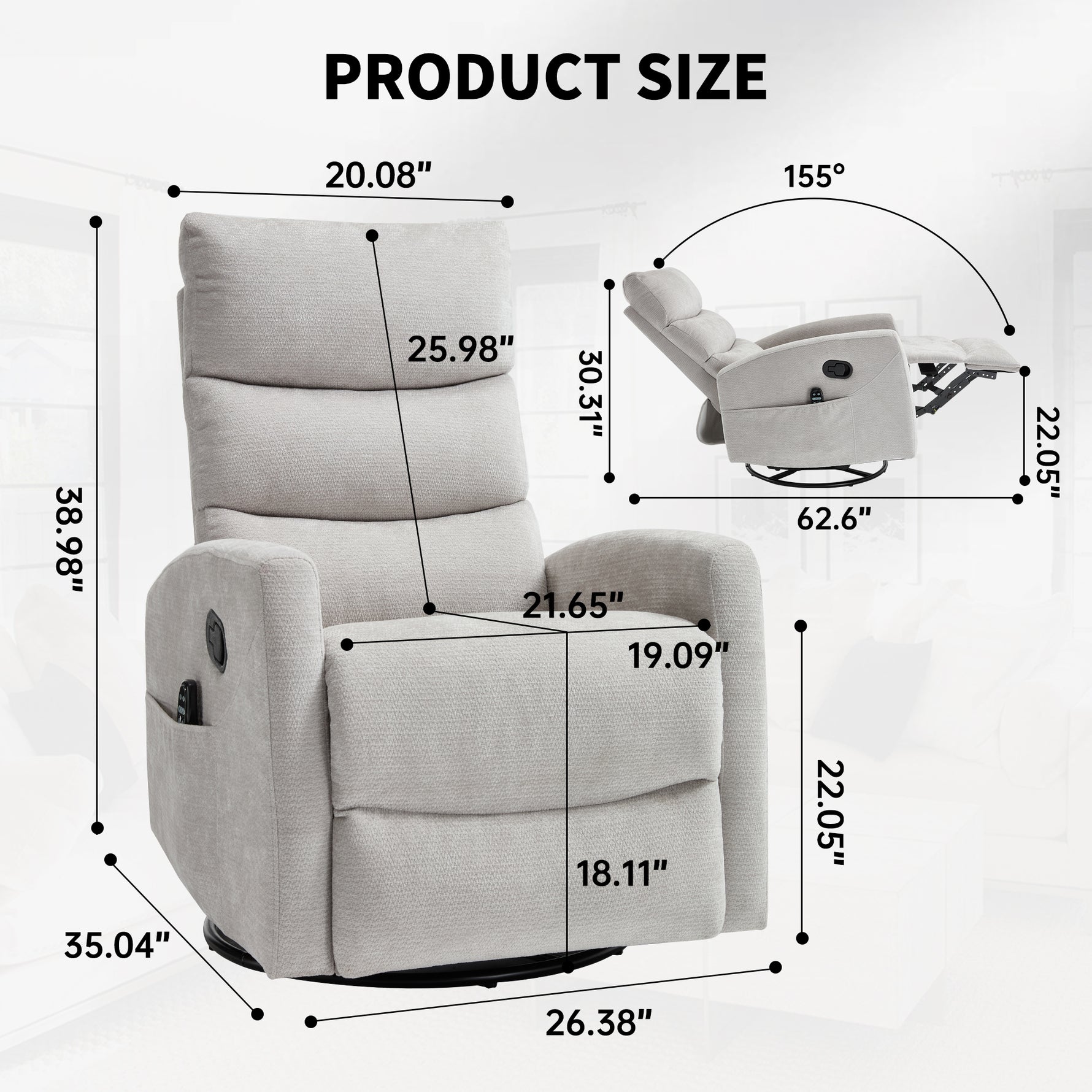 Heat Massage Manual Recliner Chair with Rocker and Swivel in Fabric for Living Room detail image 29