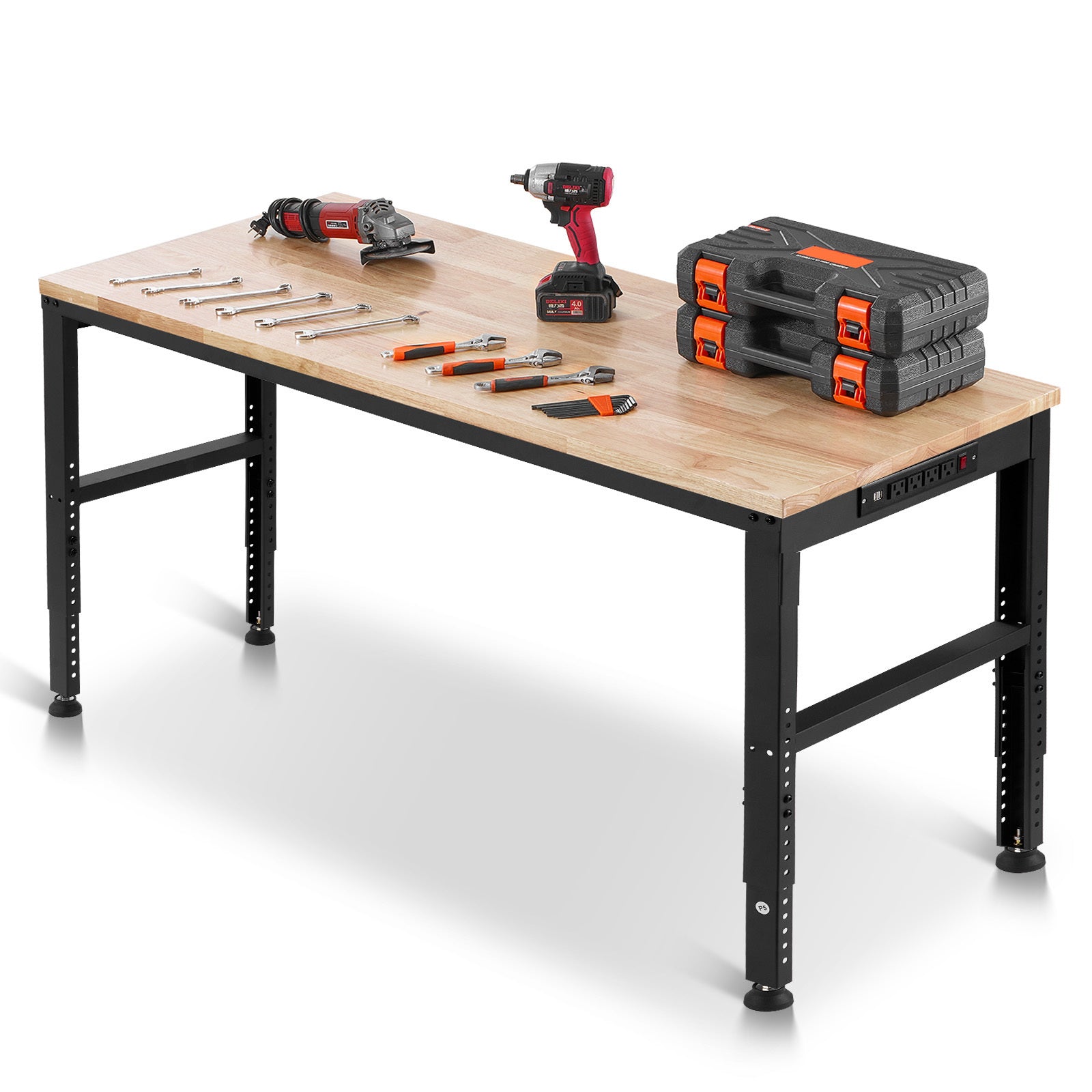 VEVOR Adjustable Height Hardwood Workbench with Power Outlets for workshop, garage, storage, or utility use
