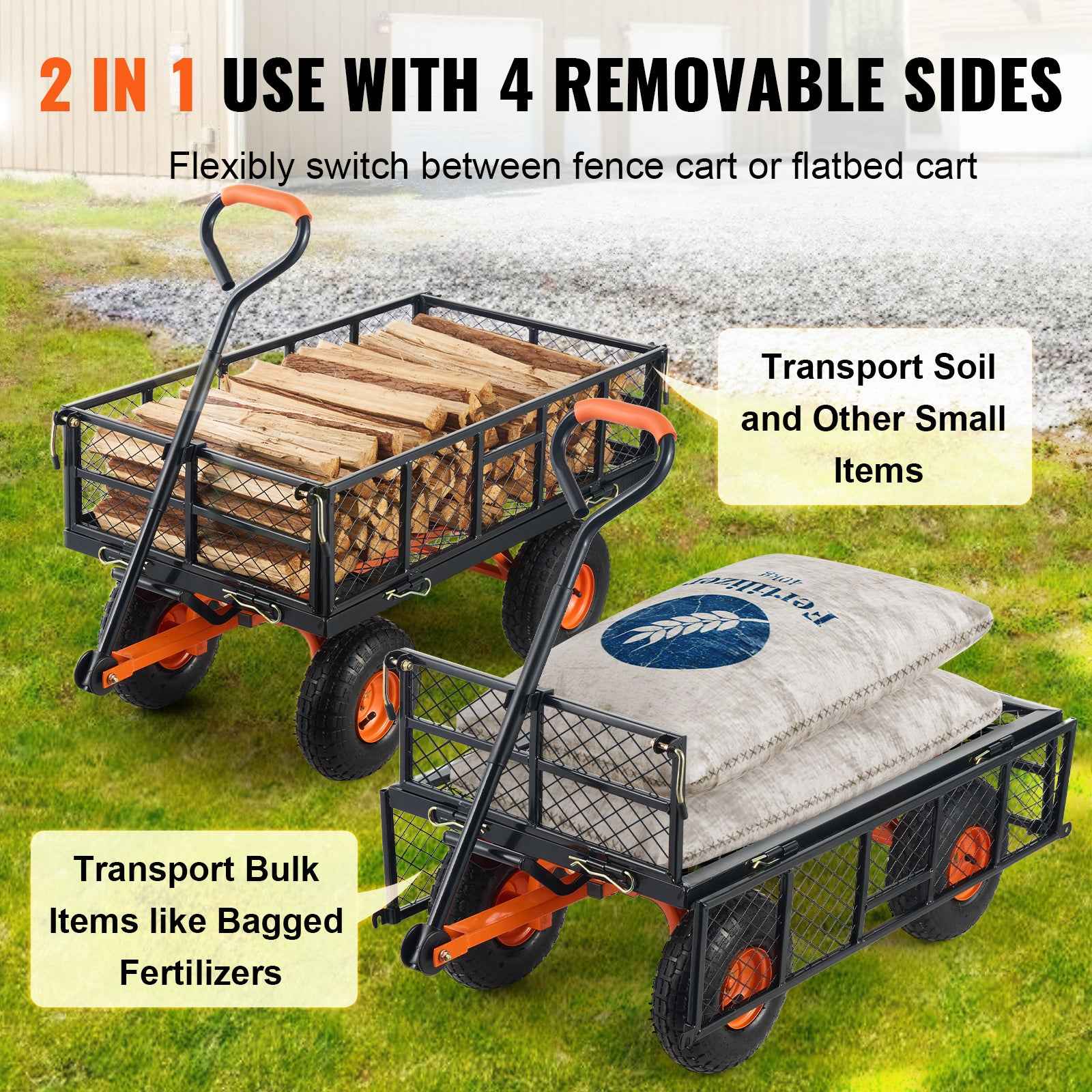 Metal Garden Dump Cart with 2-in-1 Handle for workshop, garage, storage, or utility use