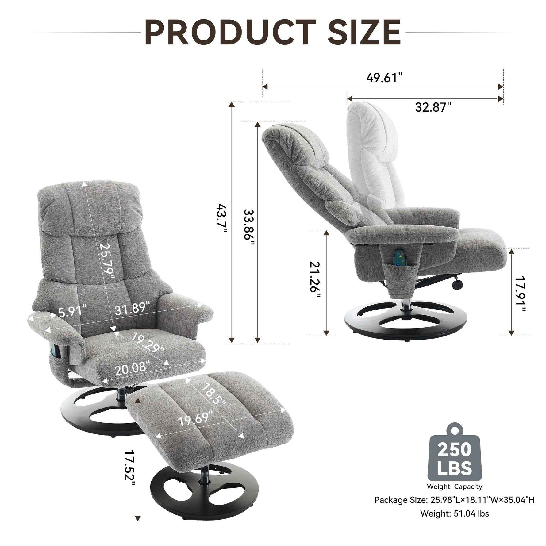Ergonomic Recliner Chair with Ottoman - 360° Swivel Massage Lounge detail image 50
