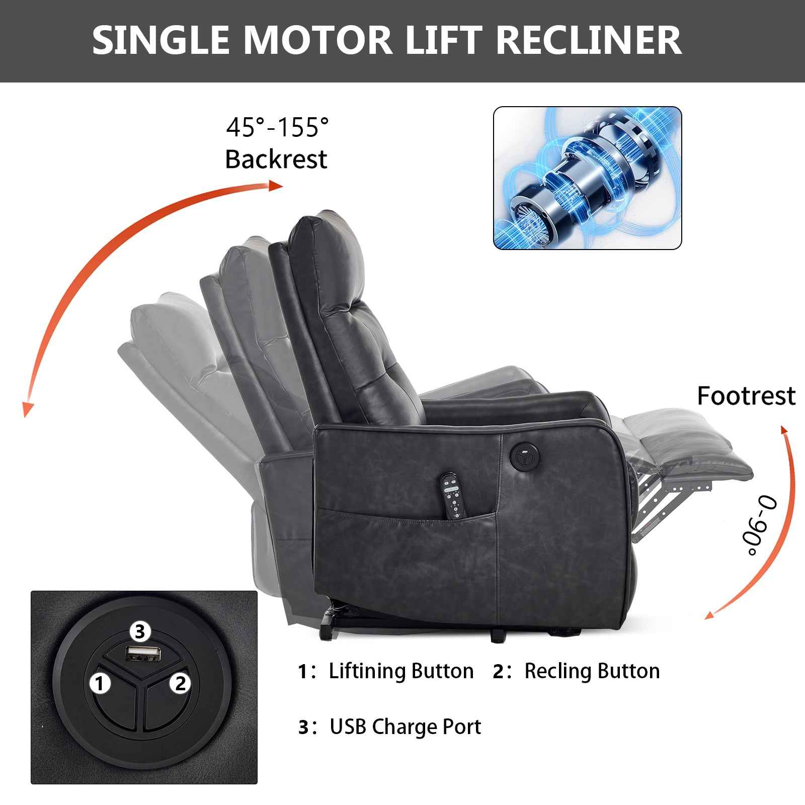Single Motor Power Lift Recliner Chair with Massage & Heat detail image 113