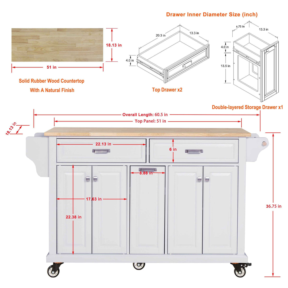 Rubberwood Drop-Leaf Kitchen Cart with 3 Drawers product view 10