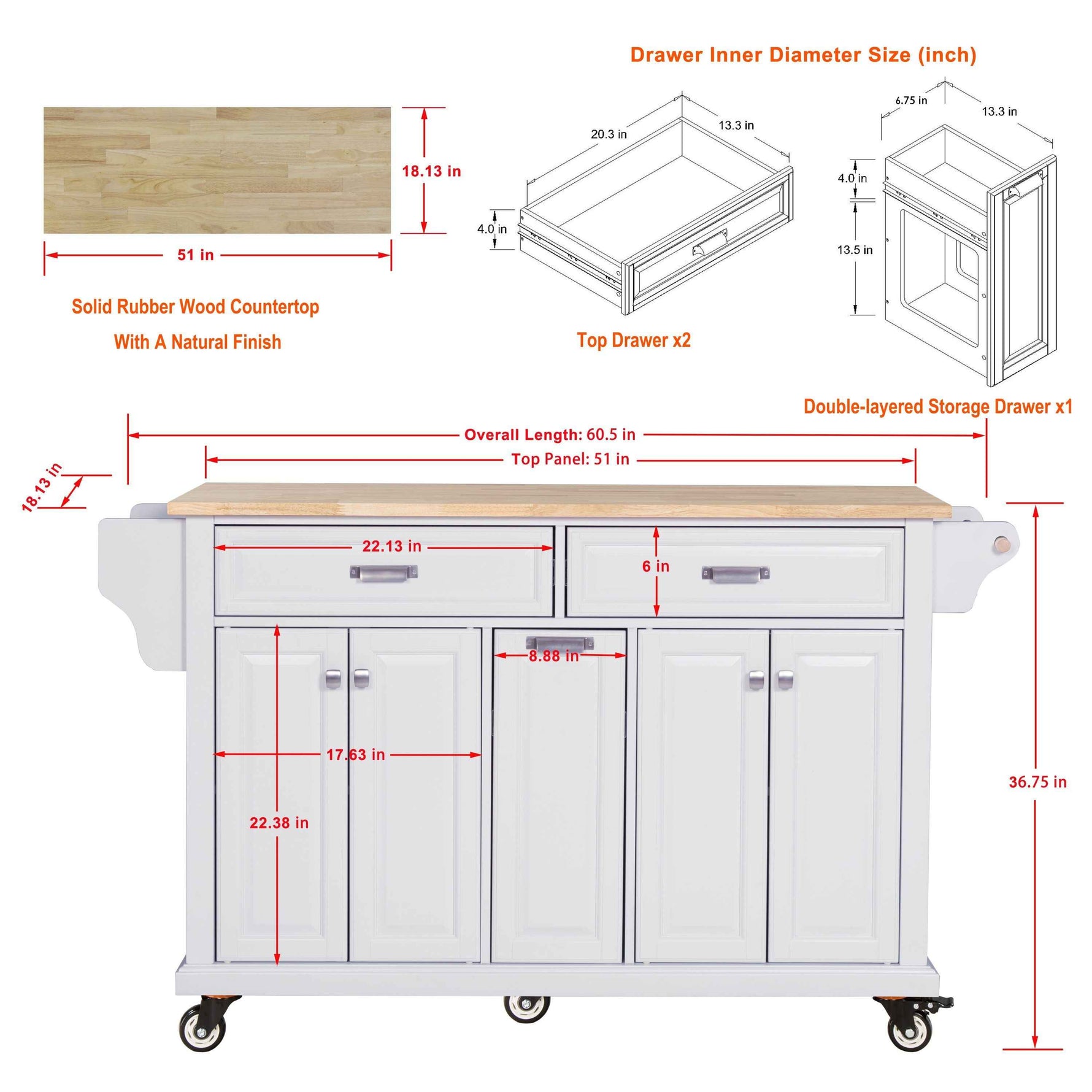 Rubberwood Drop-Leaf Kitchen Cart with 3 Drawers product view 10