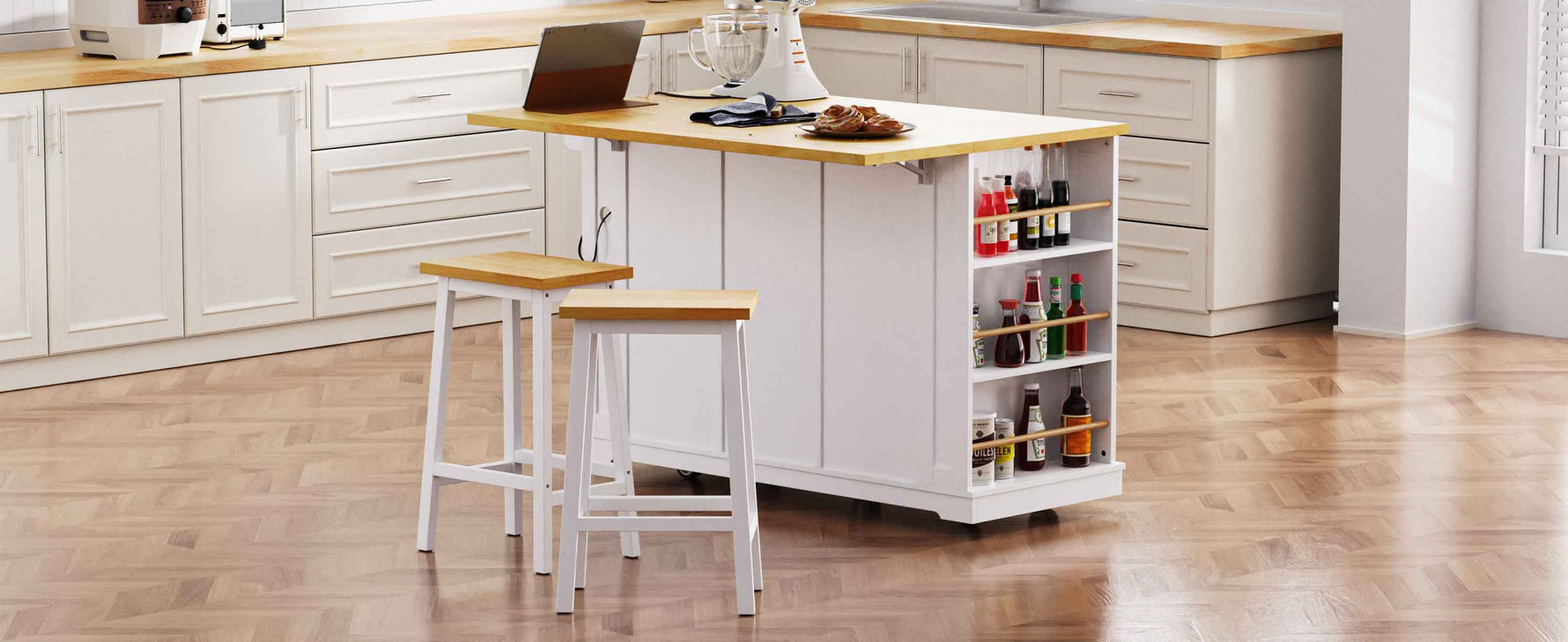 53 in. Farmhouse Kitchen Island with Power Outlet & Stools product view 51