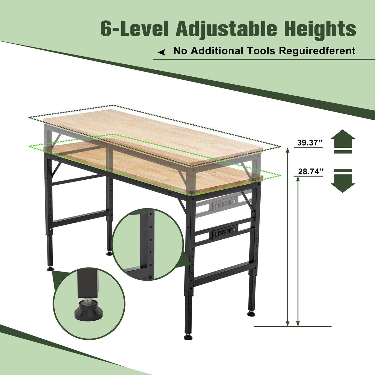 Adjustable Height Heavy-Duty Workbench, Rubber Wood Top Workstation with Power Outlets for workshop, garage, storage, or utility use