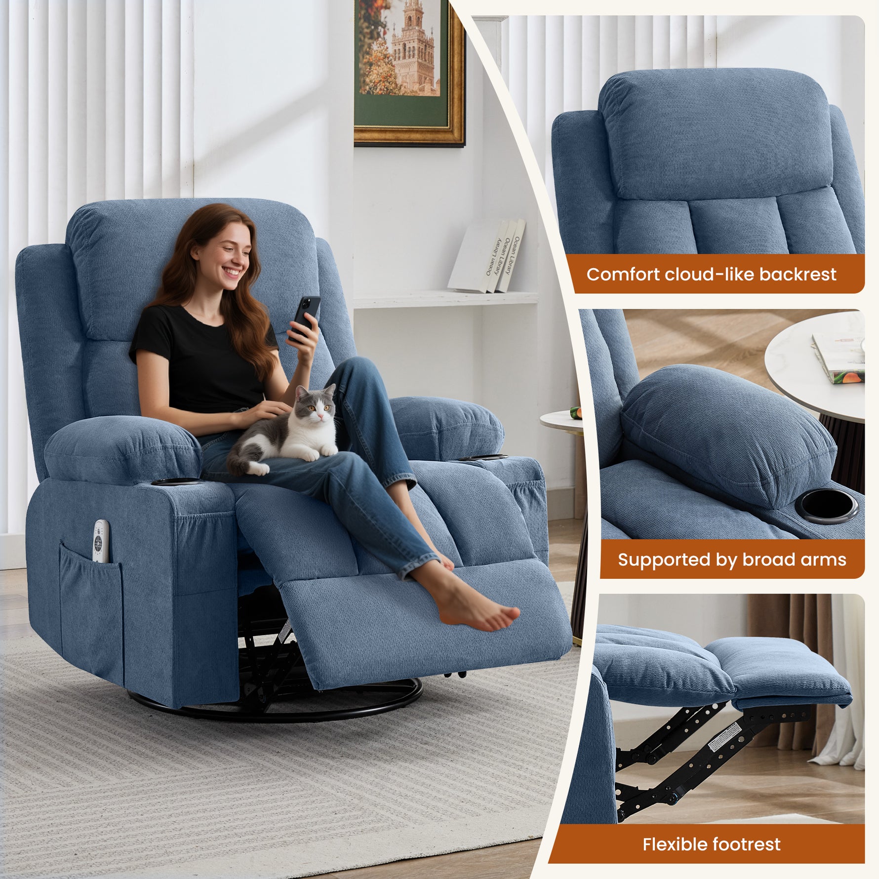 Swivel Rocker Recliner Chair with Vibration Massage, Heat, USB Port and Cup Holderrs detail image 42