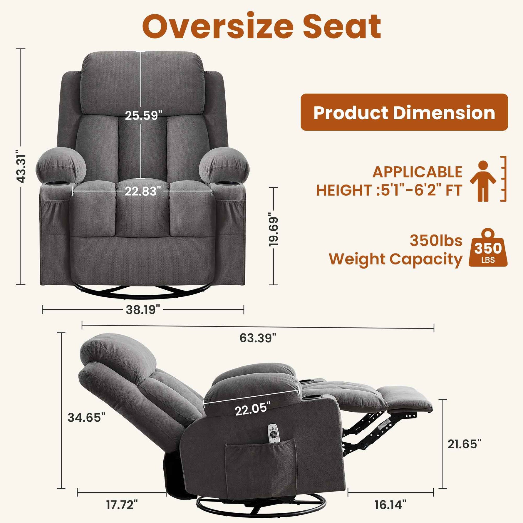 Swivel Rocker Recliner Chair with Vibration Massage, Heat, USB Port and Cup Holderrs detail image 27
